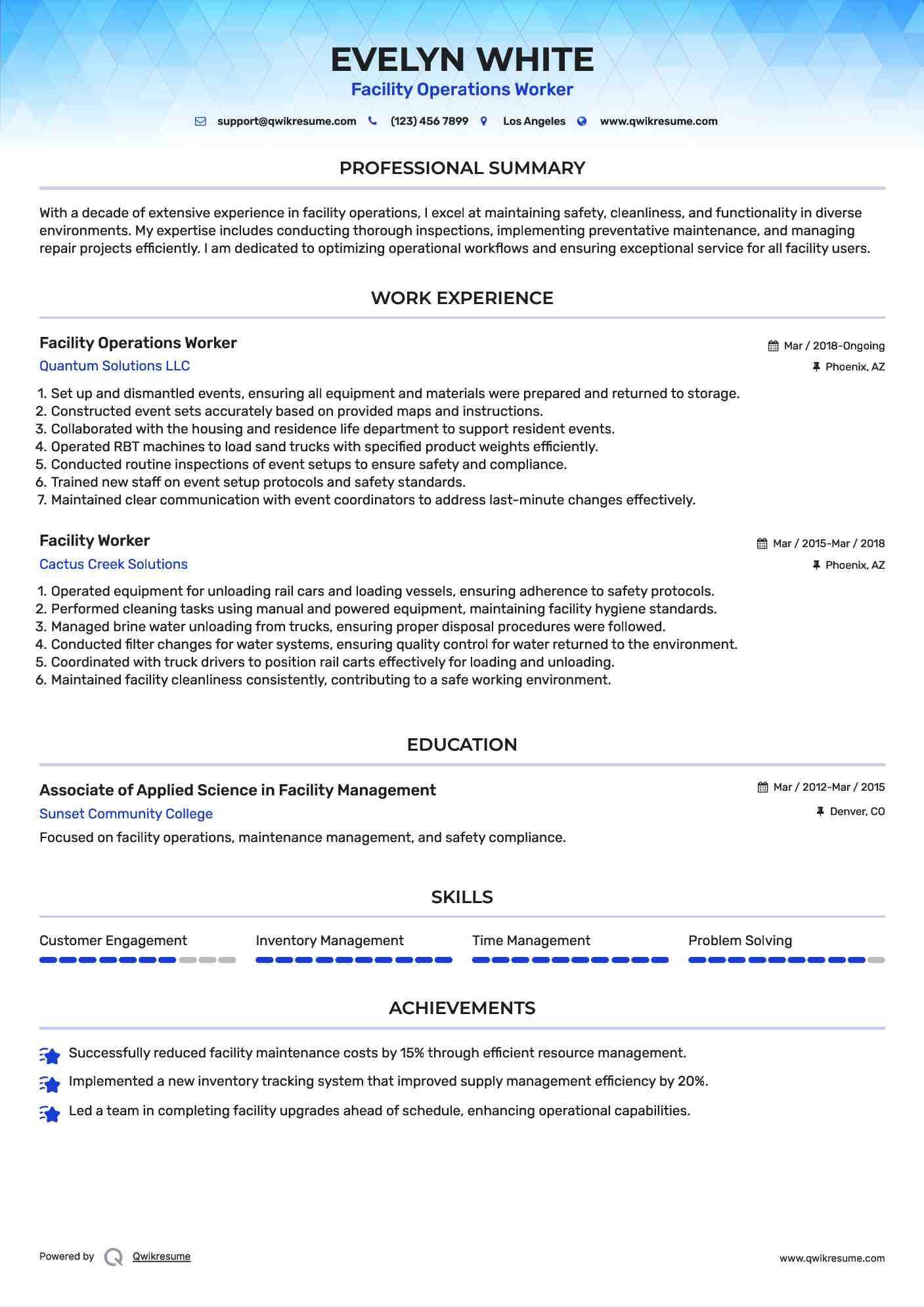 Facility Operations Worker Resume Template