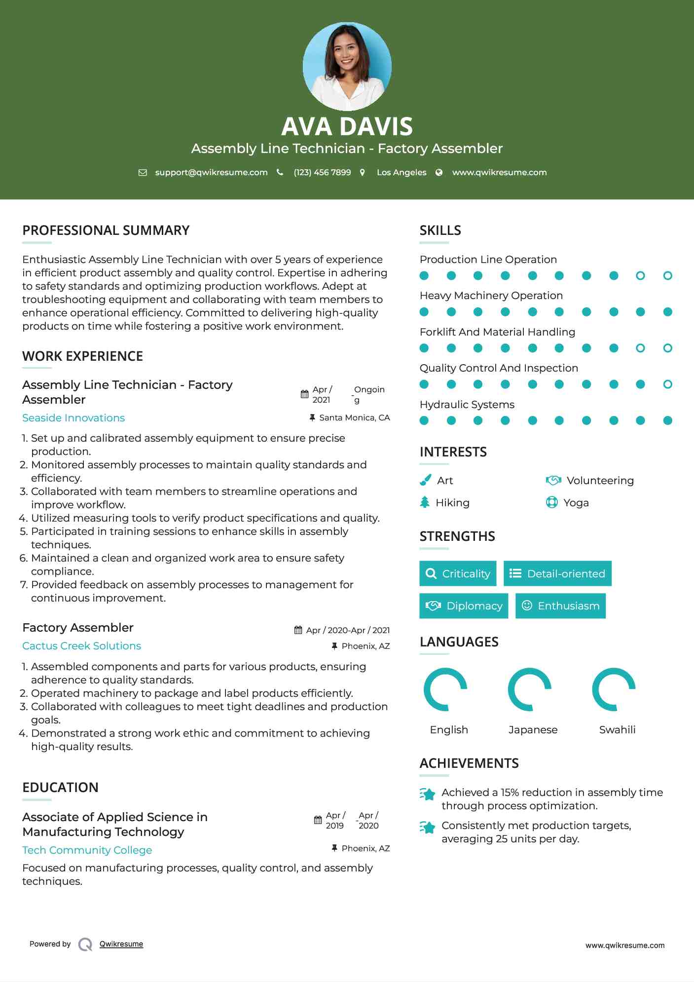 Assembly Line Technician - Factory Assembler Resume Format