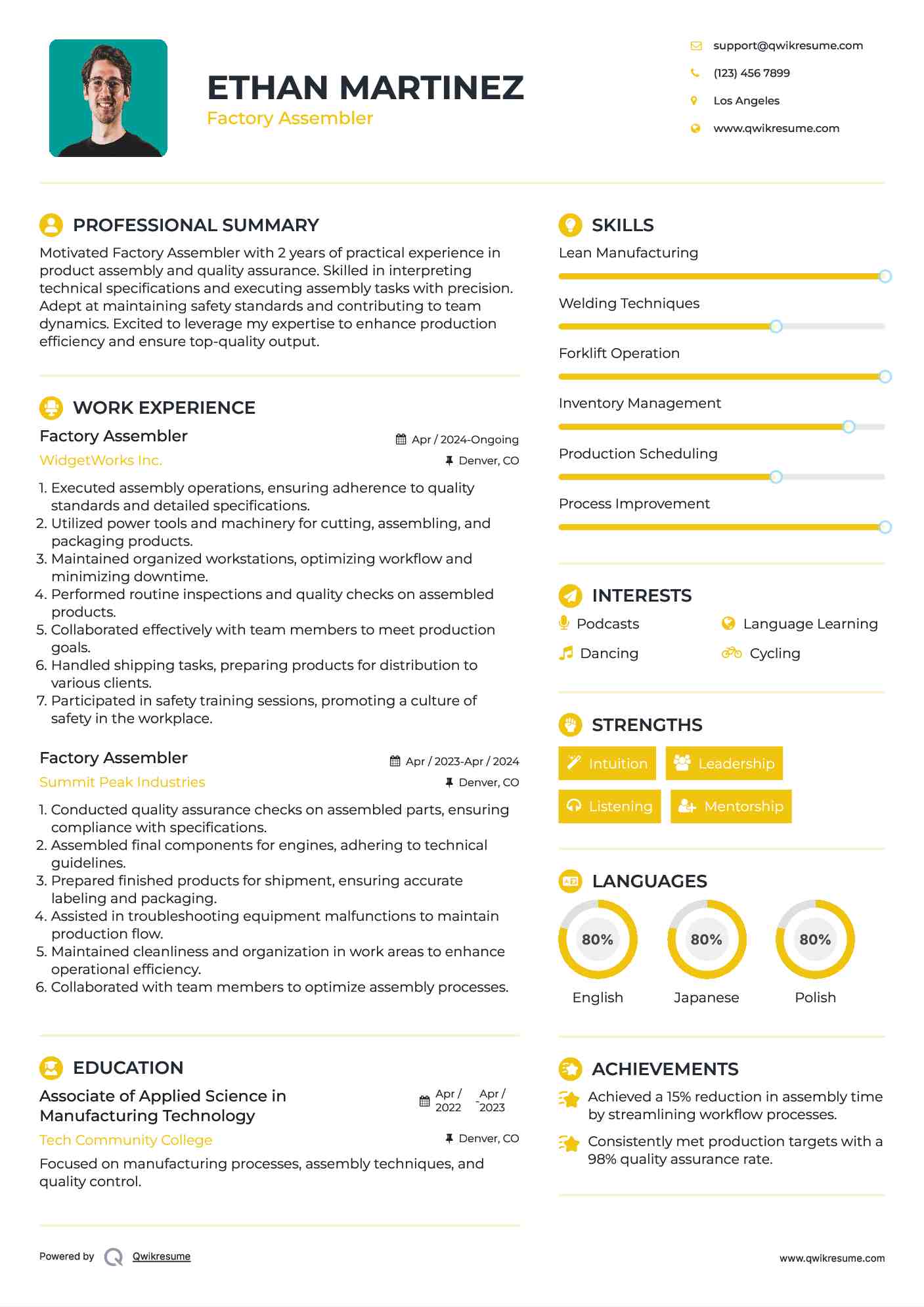 Factory Assembler Resume Format