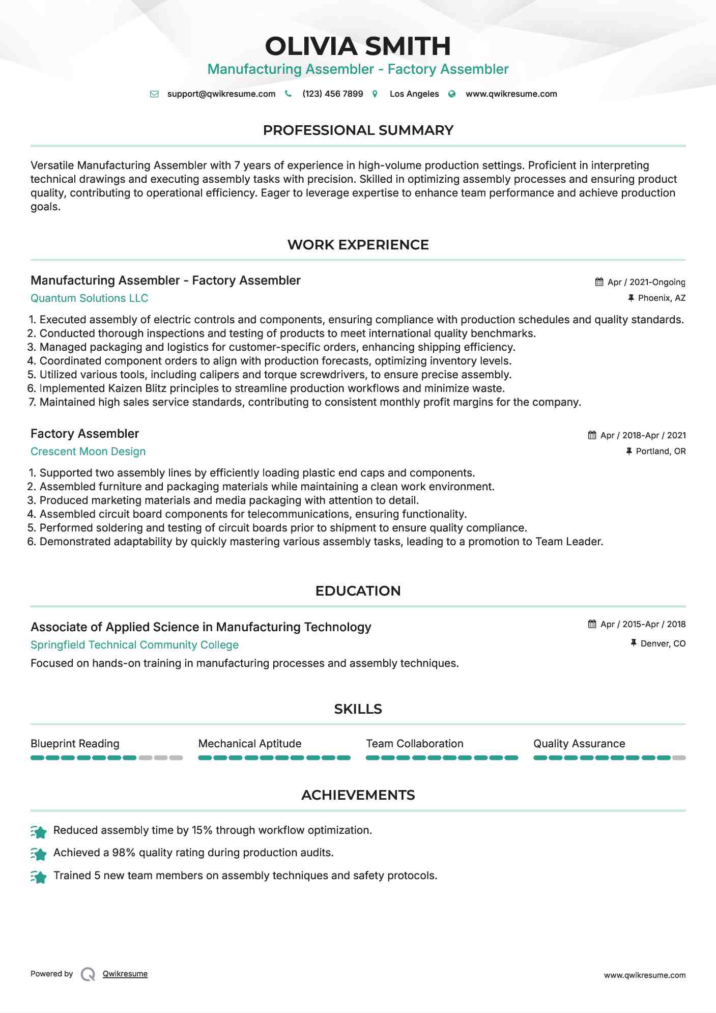 Manufacturing Assembler - Factory Assembler Resume Template