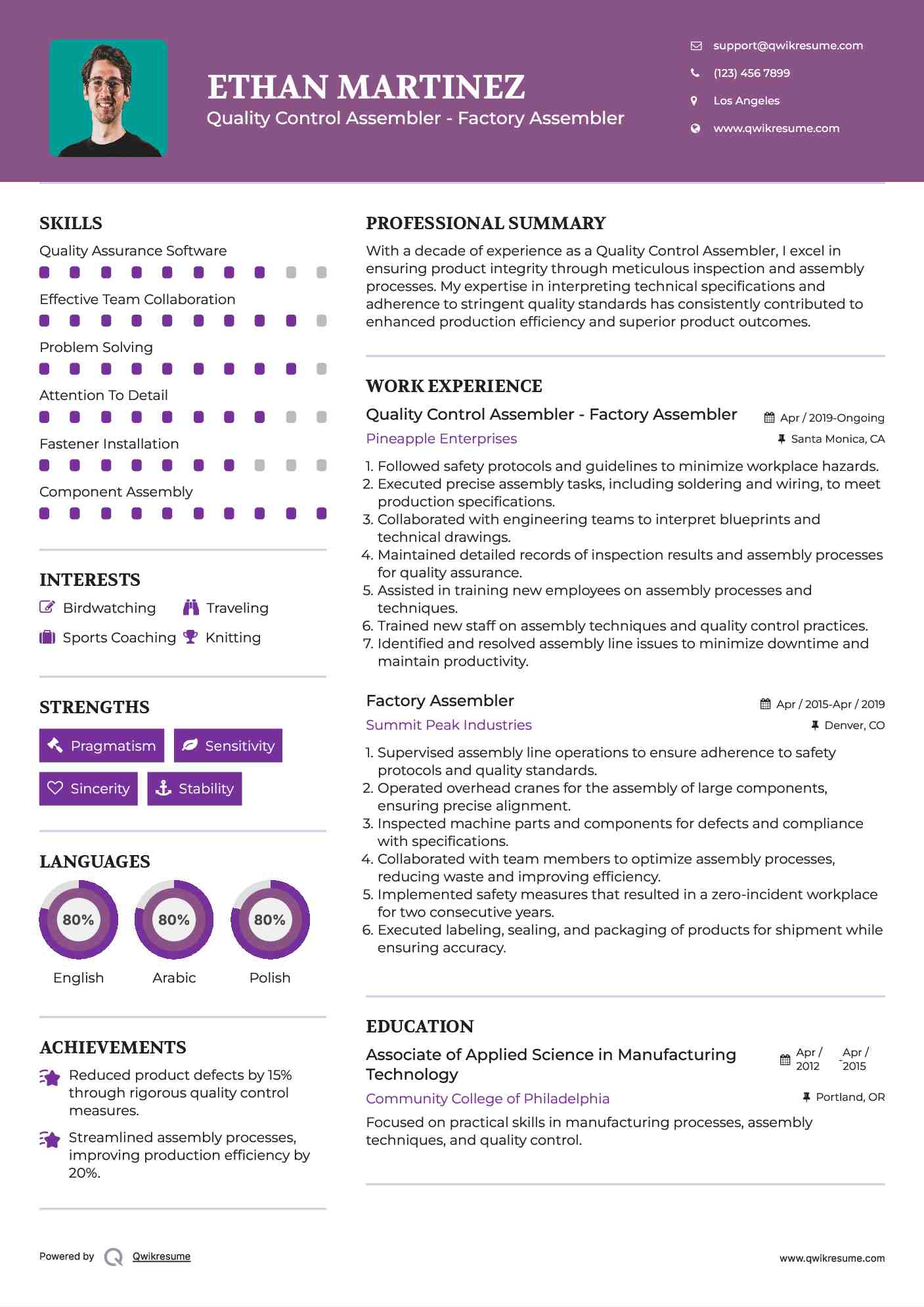 Quality Control Assembler - Factory Assembler Resume Template