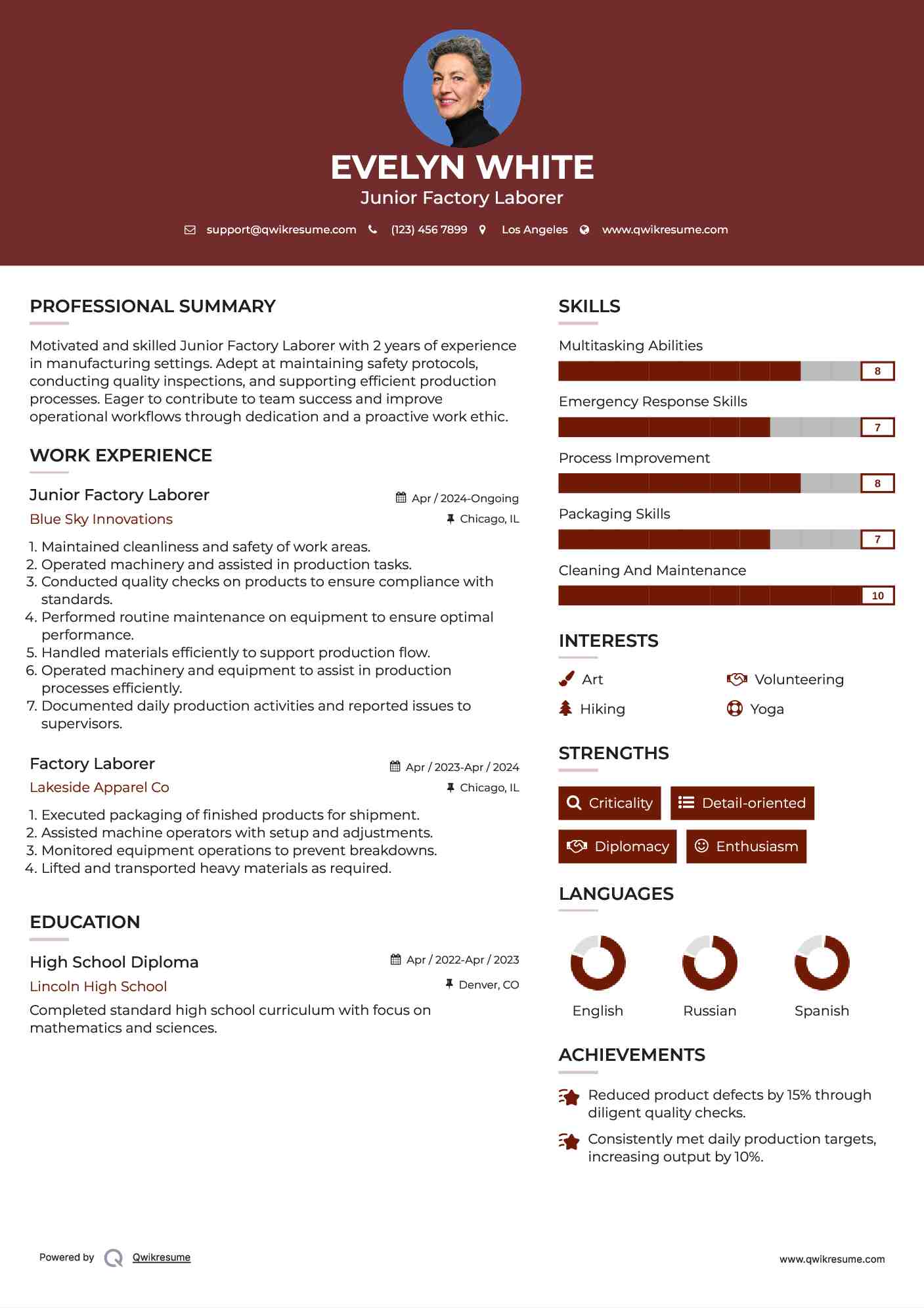 Junior Factory Laborer Resume Model