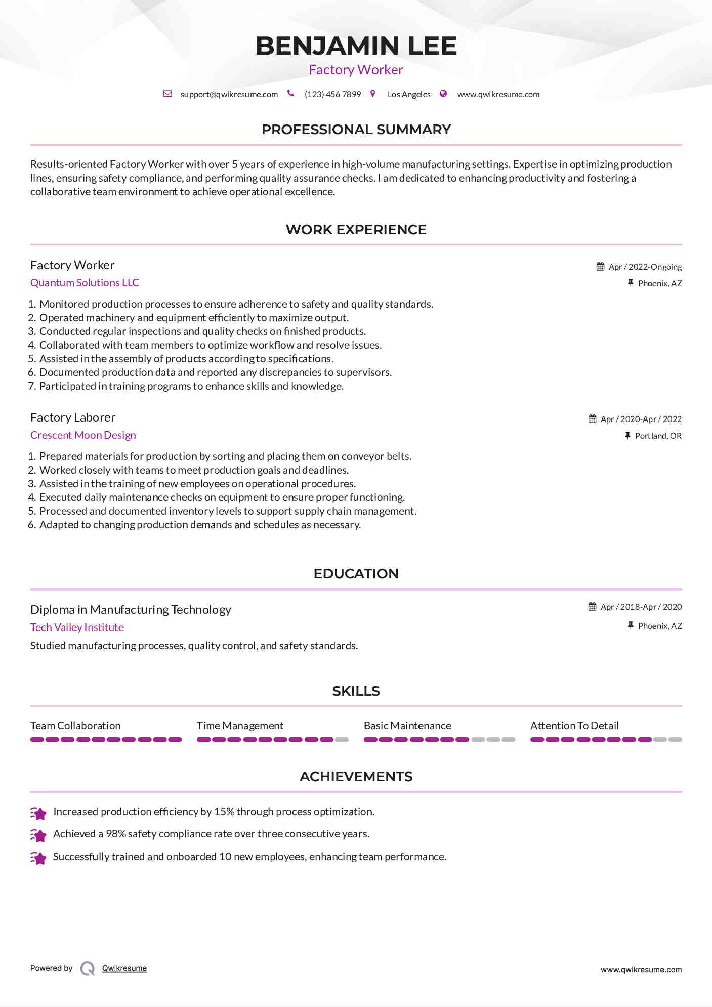 Factory Worker Resume Example