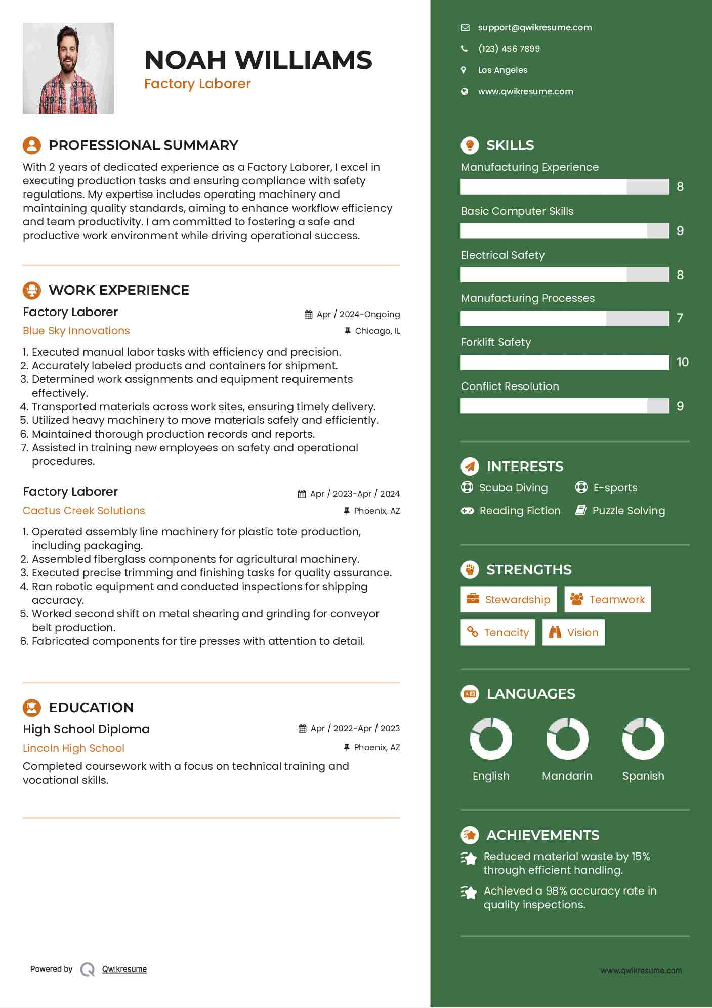 Factory Laborer Resume Example