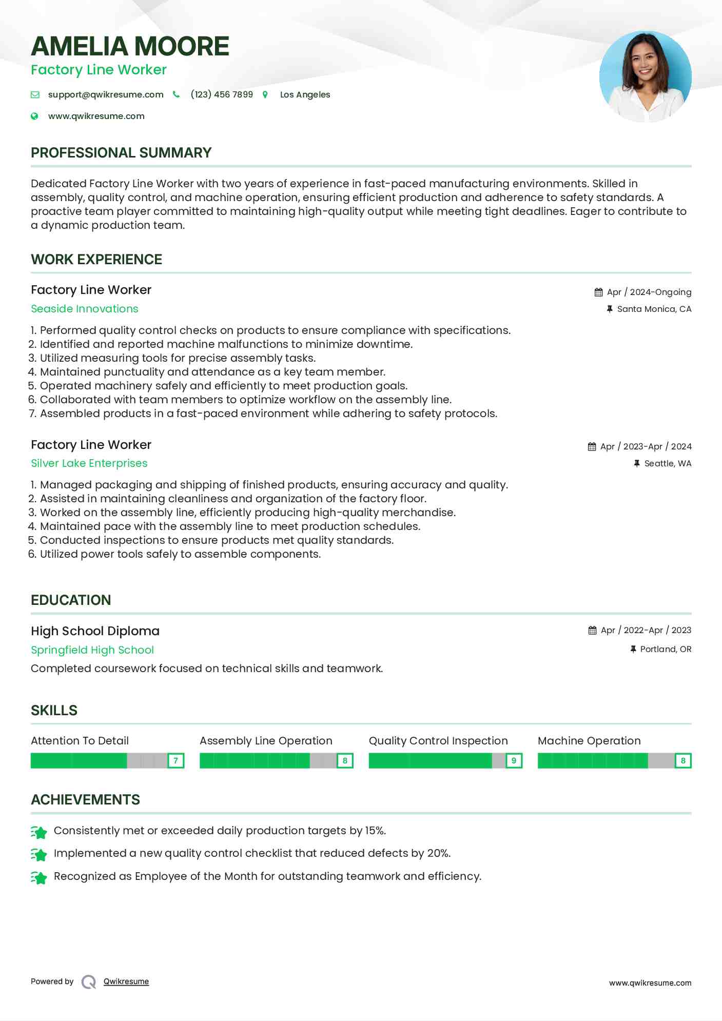Factory Line Worker Resume Sample