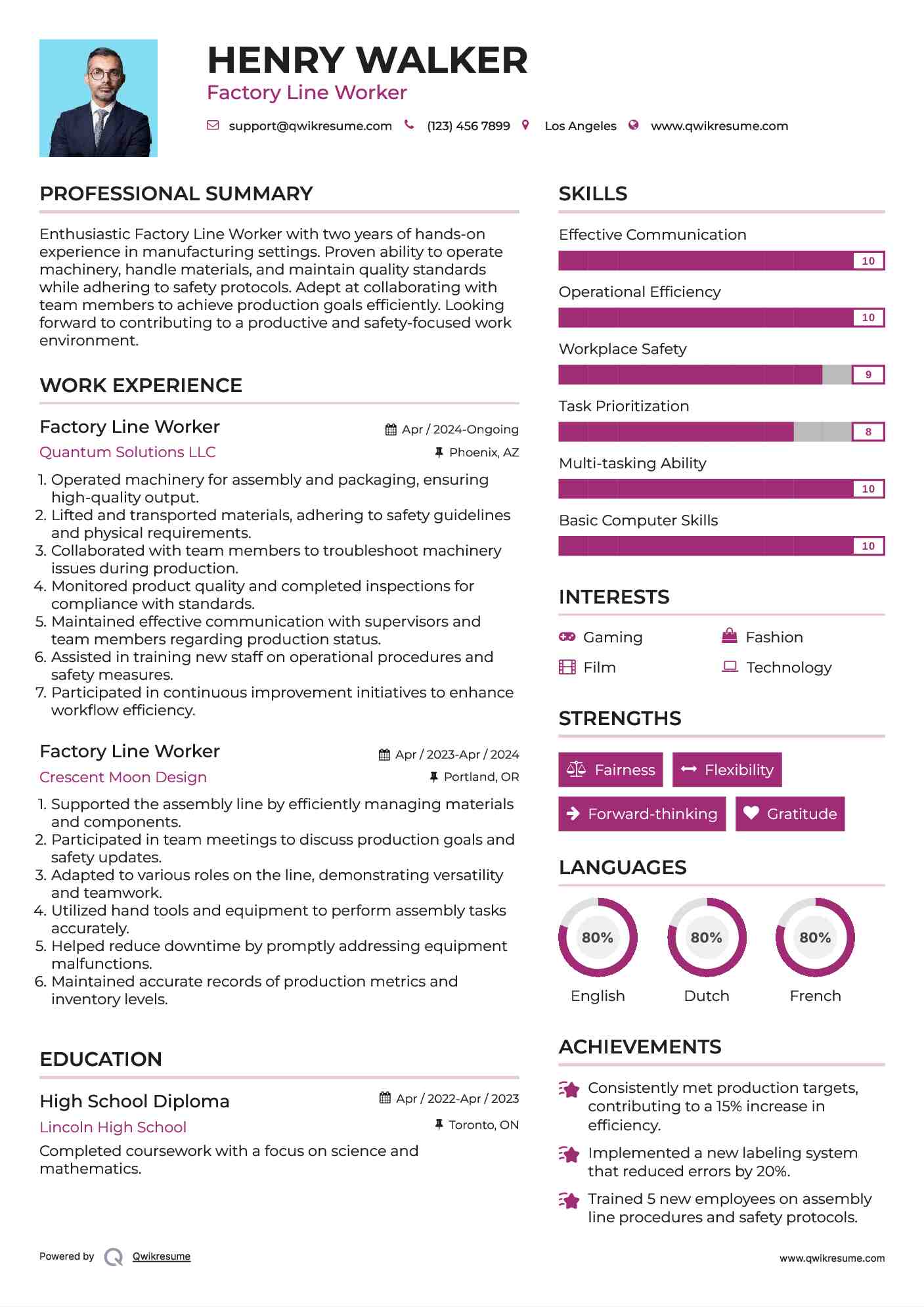 Factory Line Worker Resume Sample