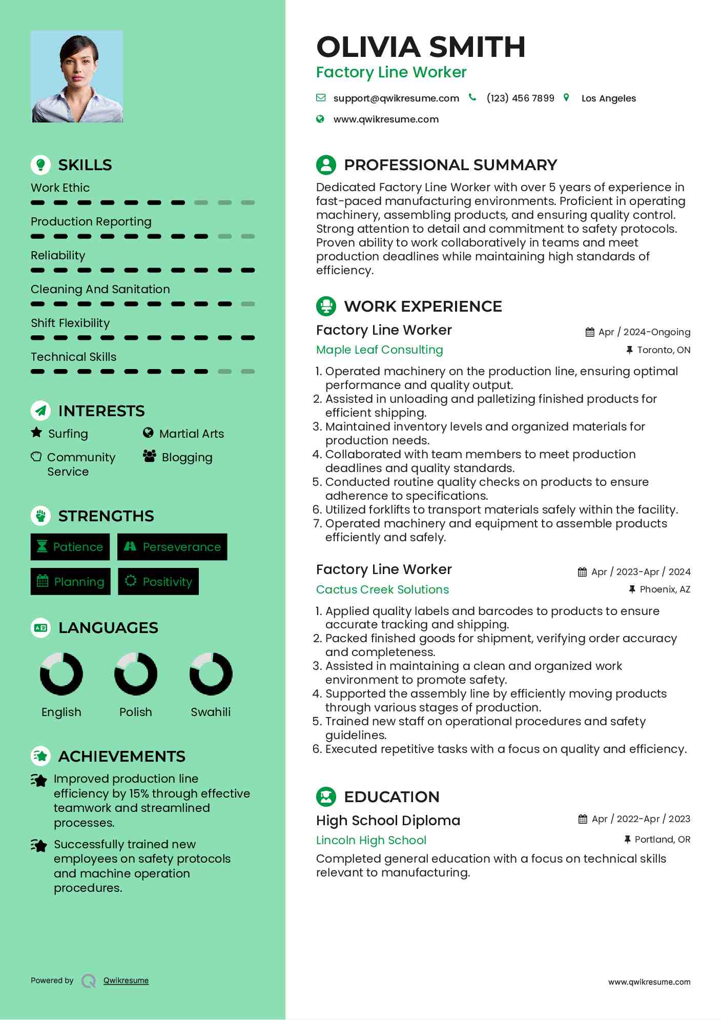 Factory Line Worker Resume Sample
