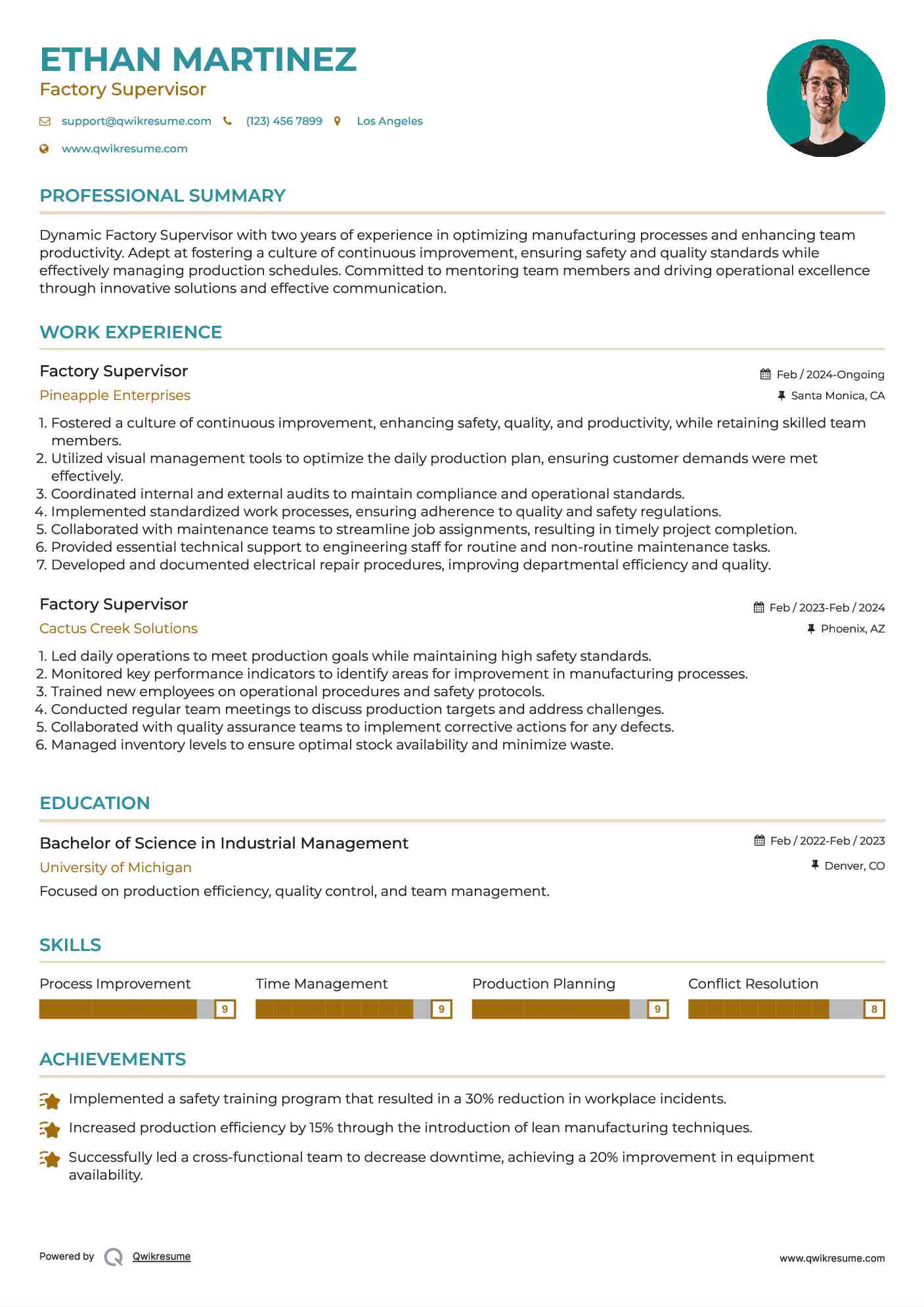 Factory Supervisor Resume Template
