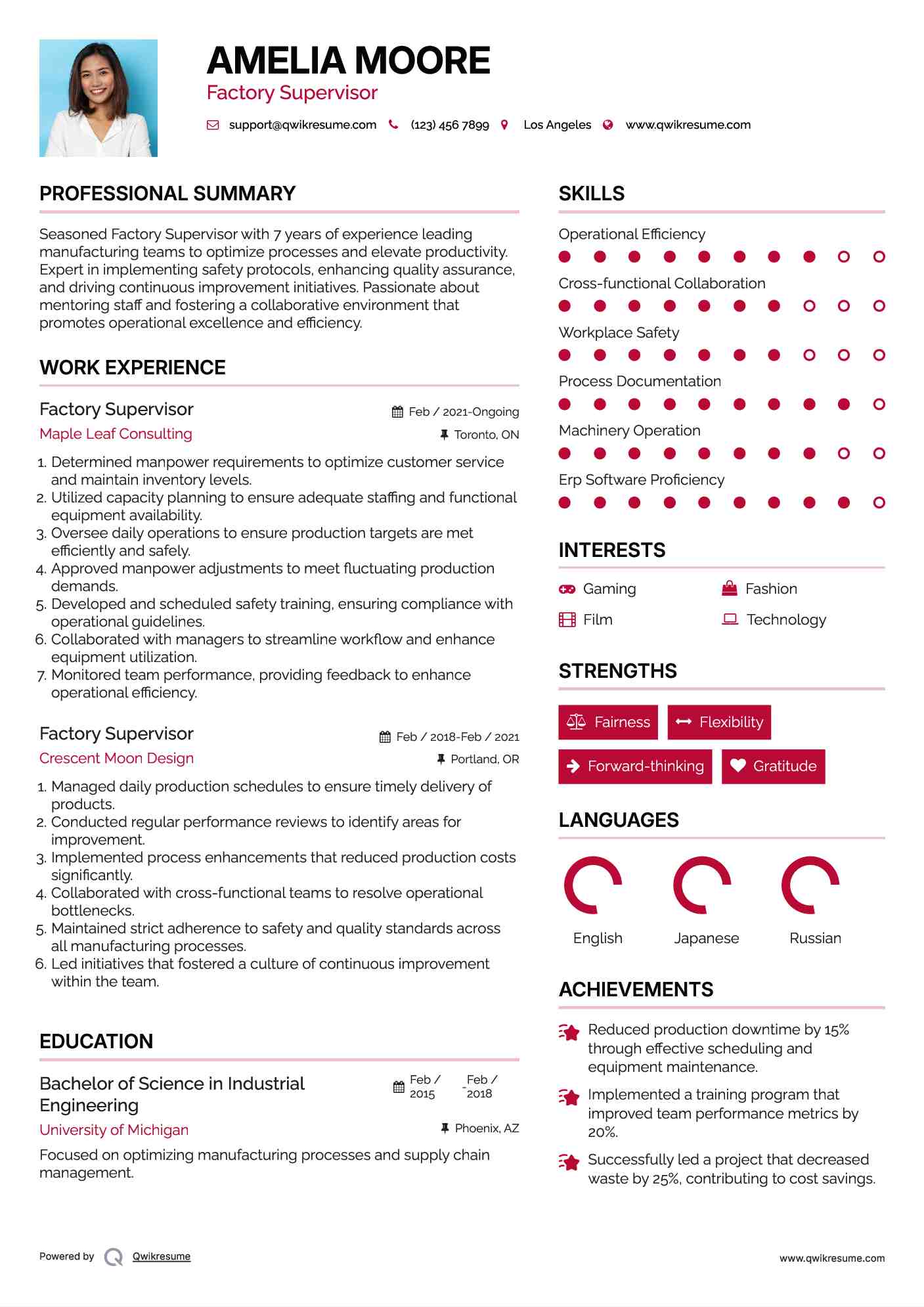 Factory Supervisor Resume Model
