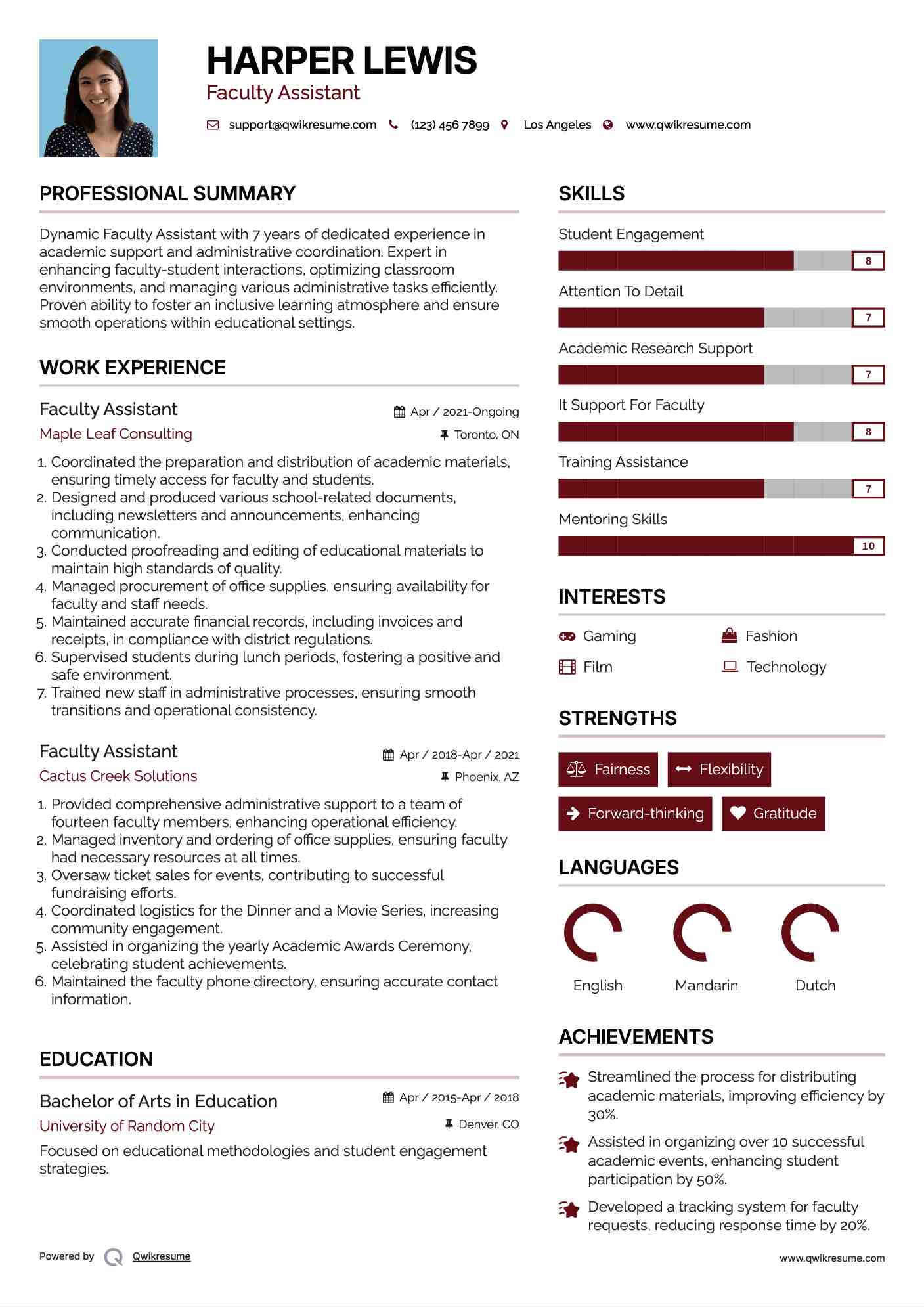Faculty Assistant Resume Example