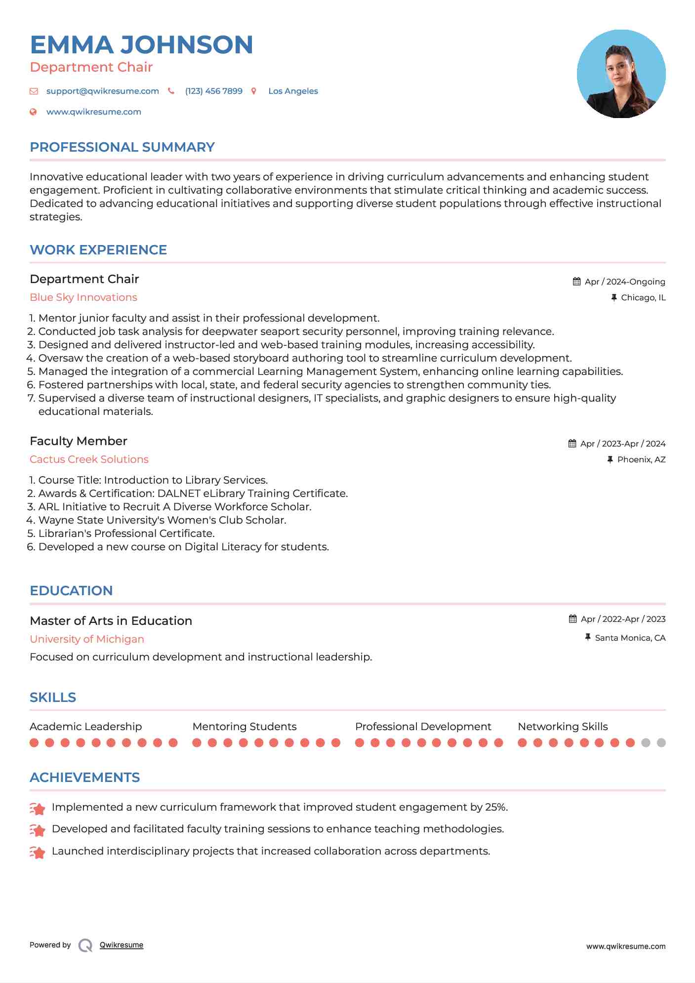Department Chair Resume Format