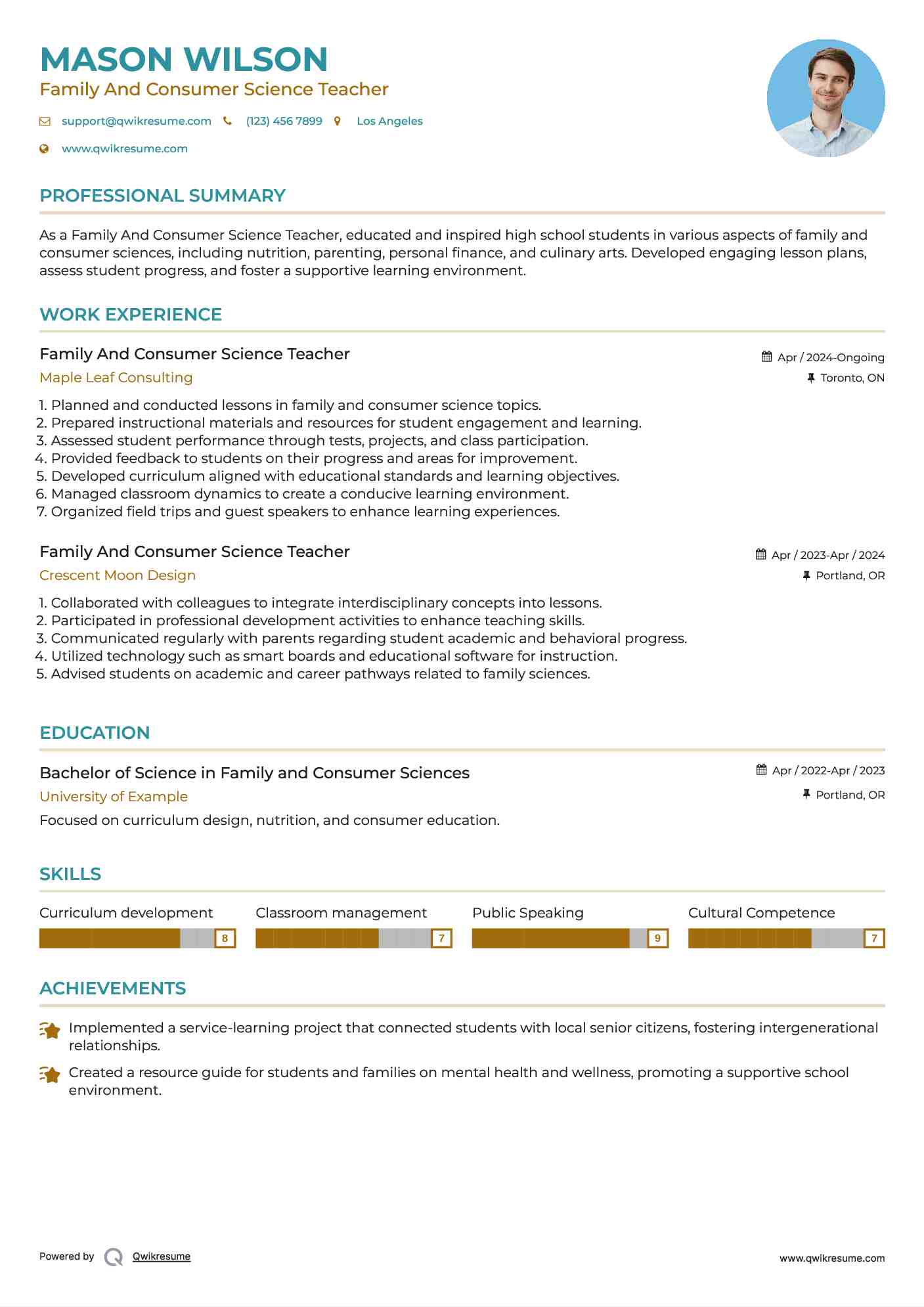 Family And Consumer Science Teacher Resume Template