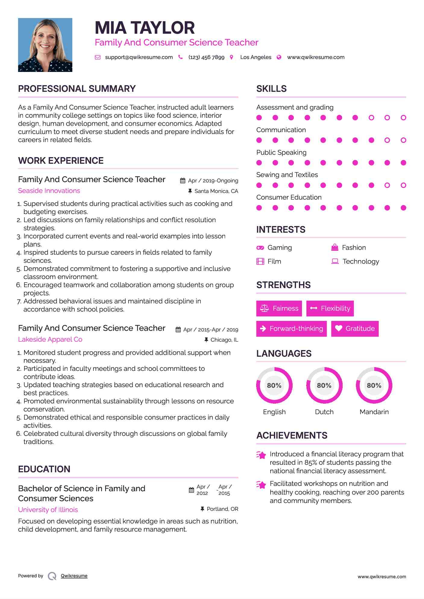 Family And Consumer Science Teacher Resume Sample