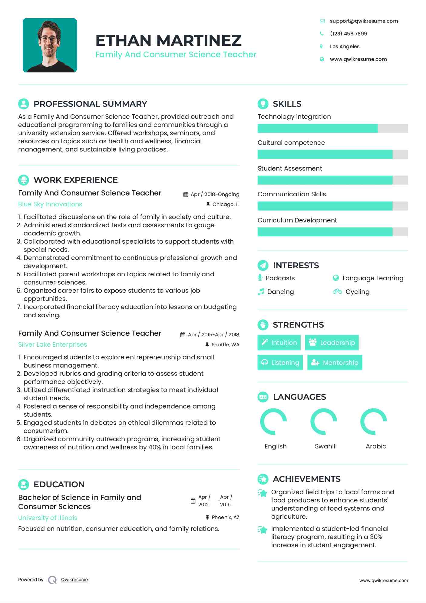 Family And Consumer Science Teacher Resume Sample