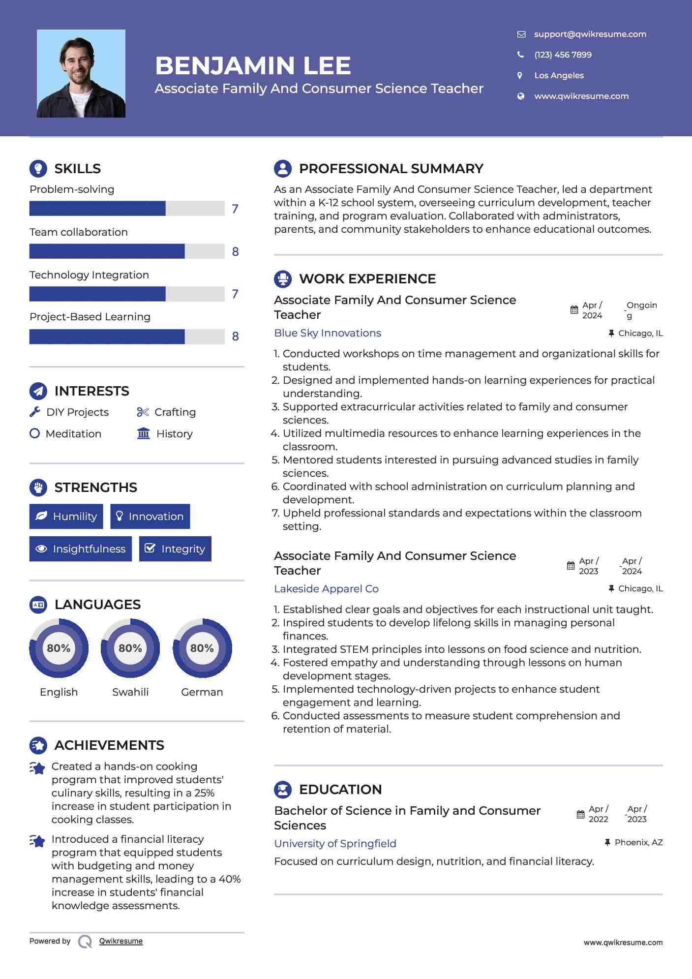 Associate Family And Consumer Science Teacher Resume Format