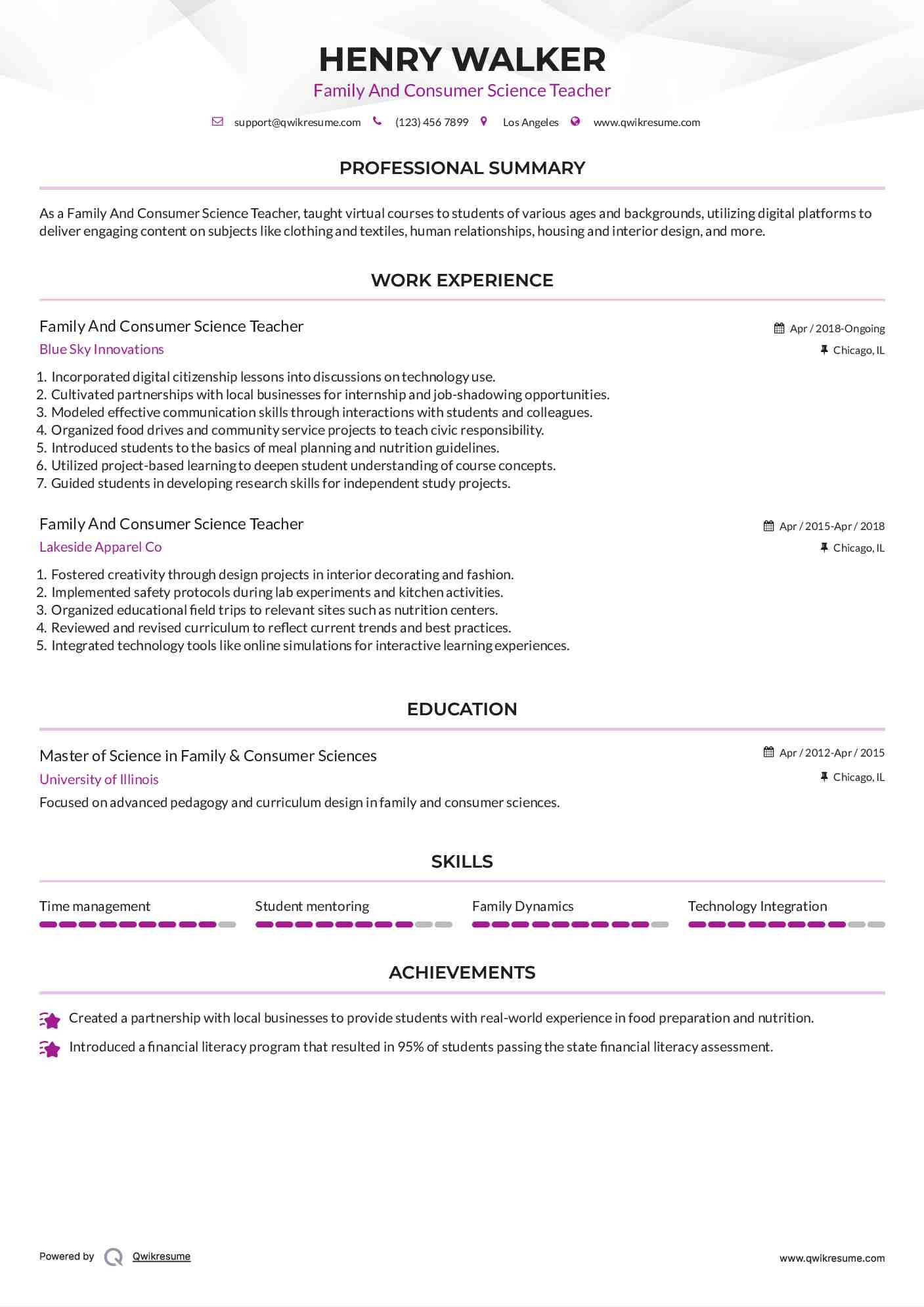 Family And Consumer Science Teacher Resume Template