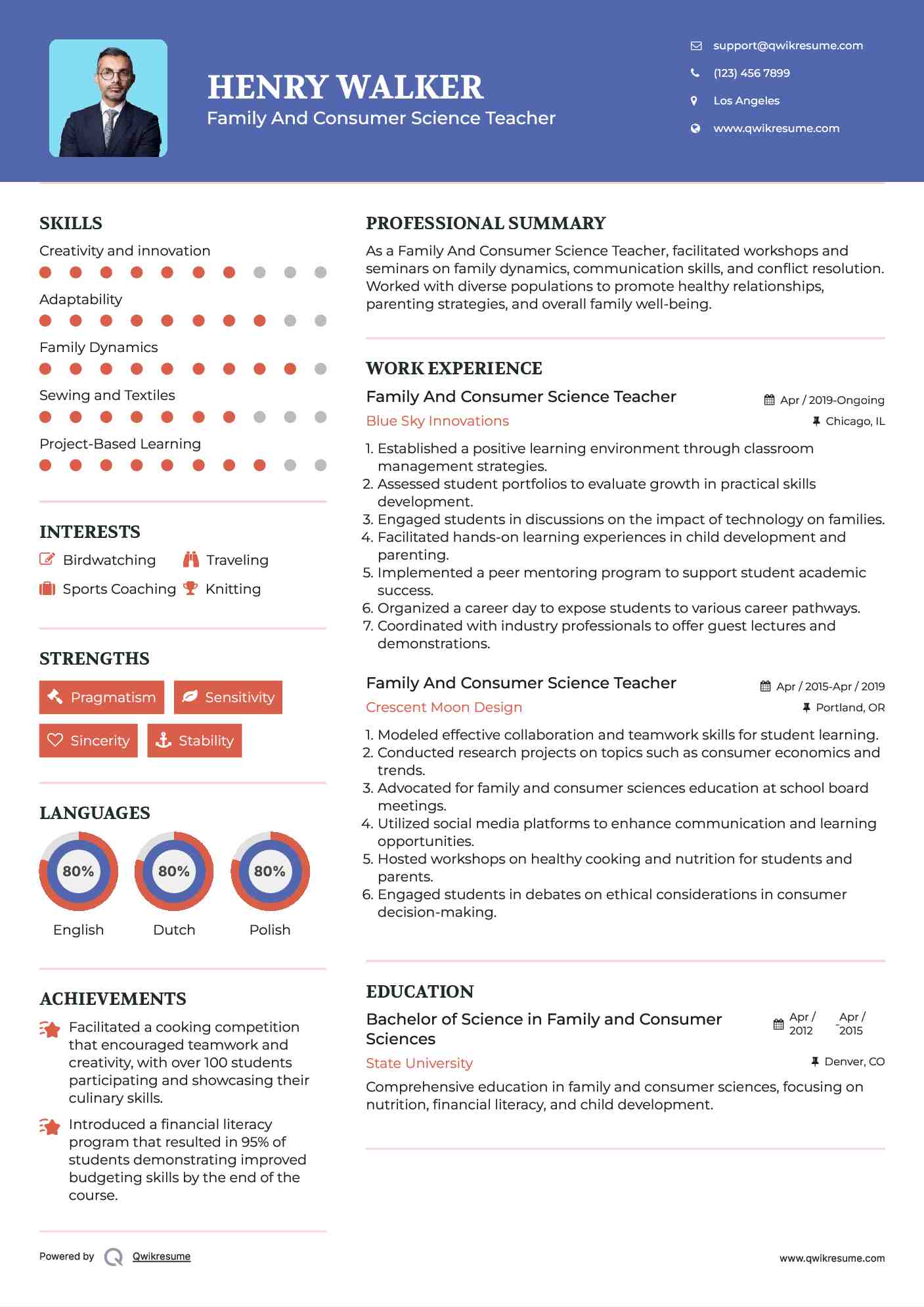 Family And Consumer Science Teacher Resume Format