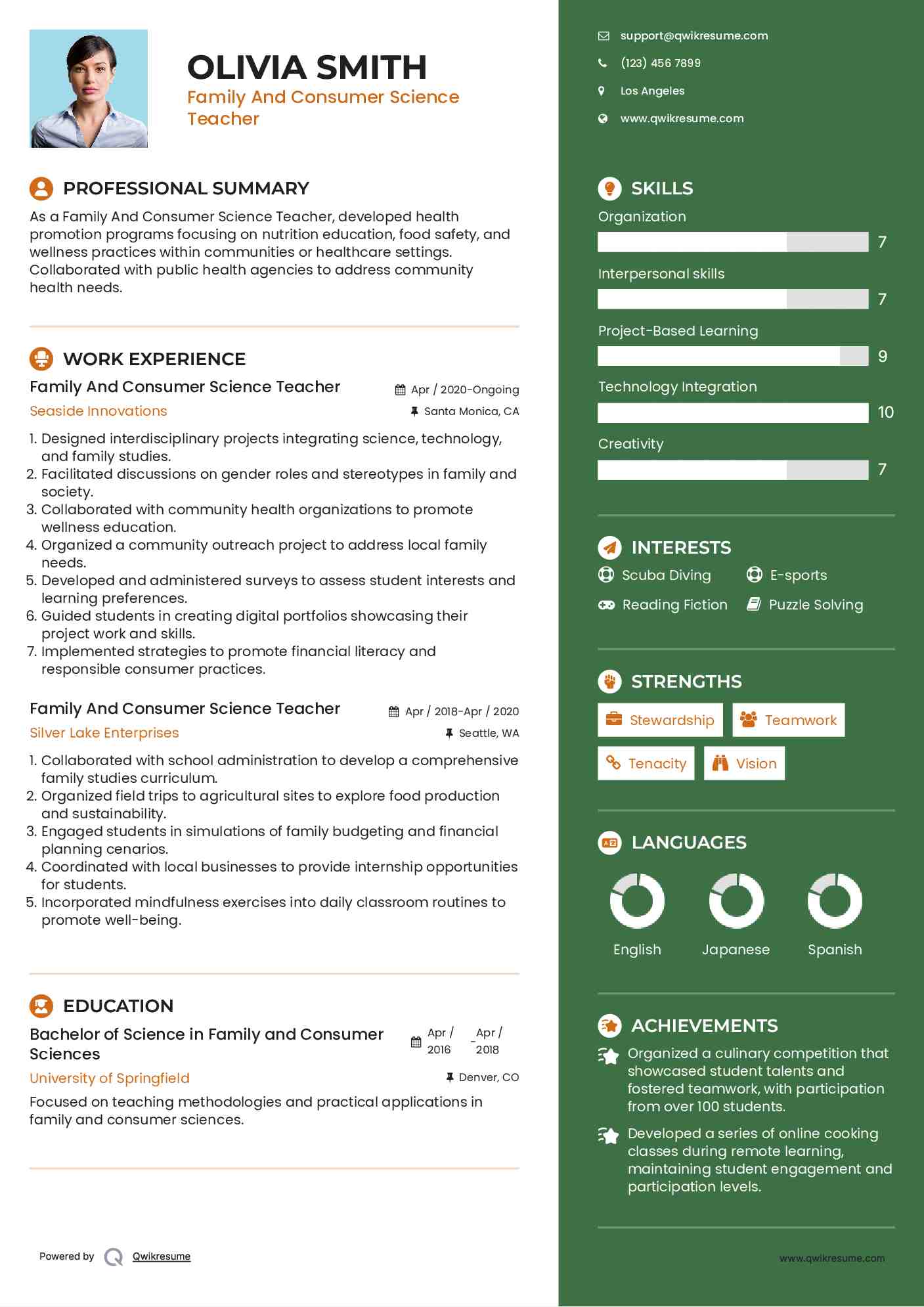 Family And Consumer Science Teacher Resume Example