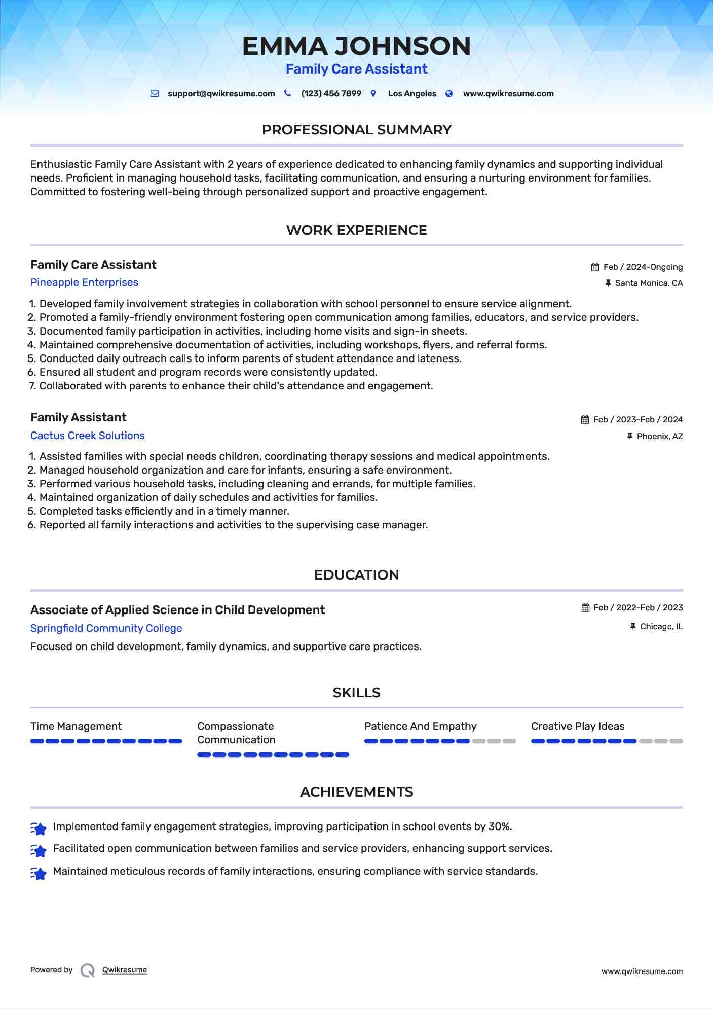 Family Care Assistant Resume Model