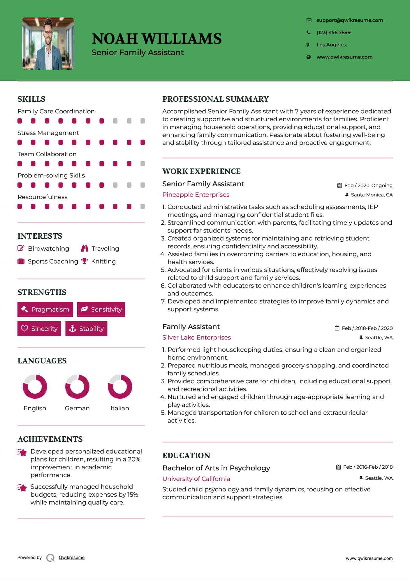 Senior Family Assistant Resume Template