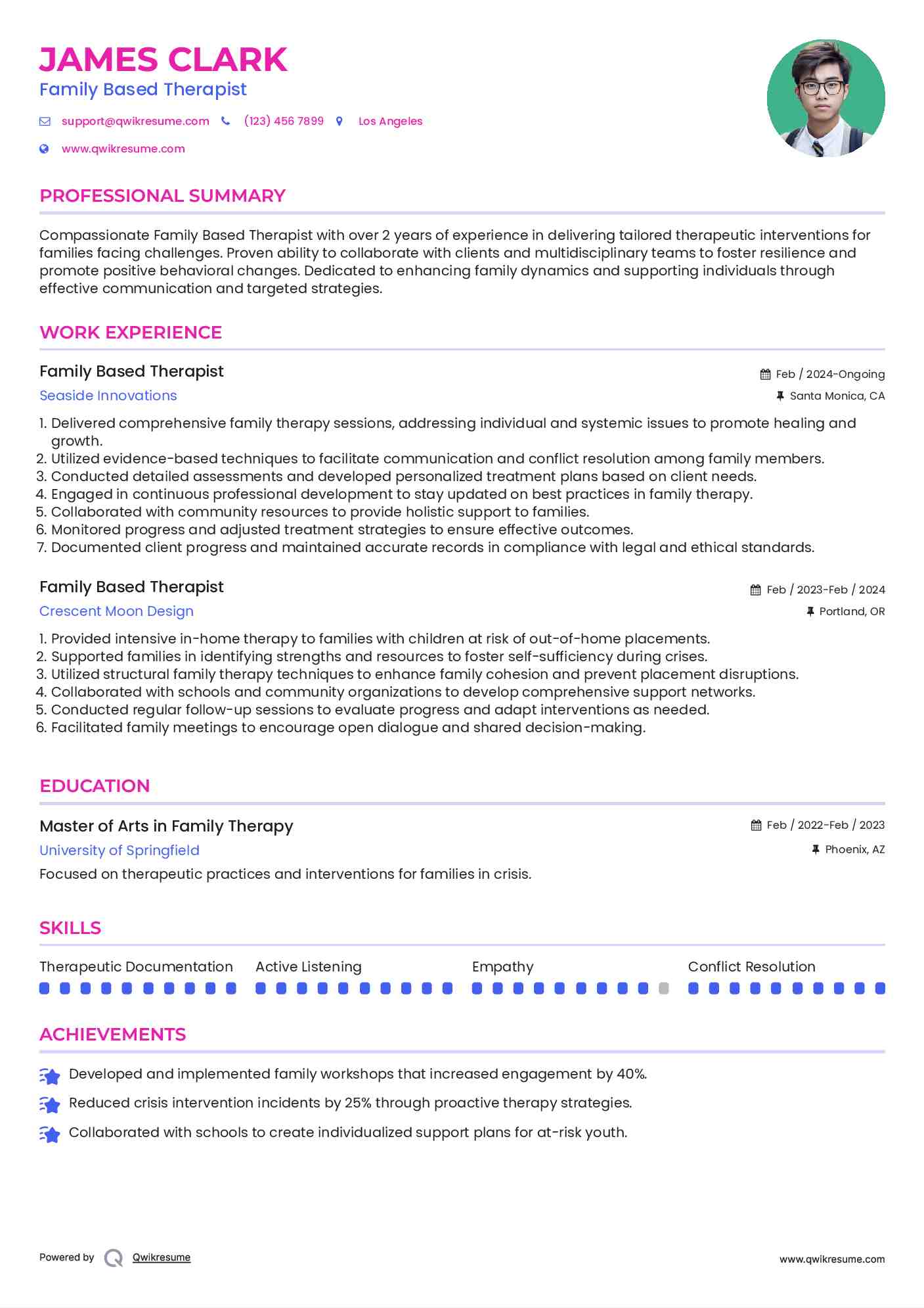 Family Based Therapist Resume Model