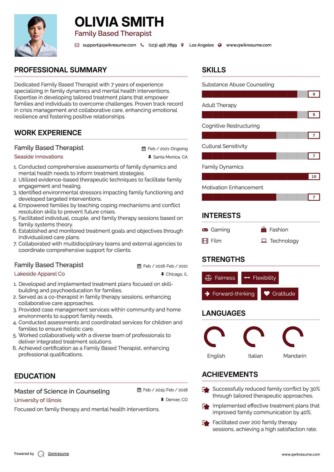 Family Based Therapist Resume Model