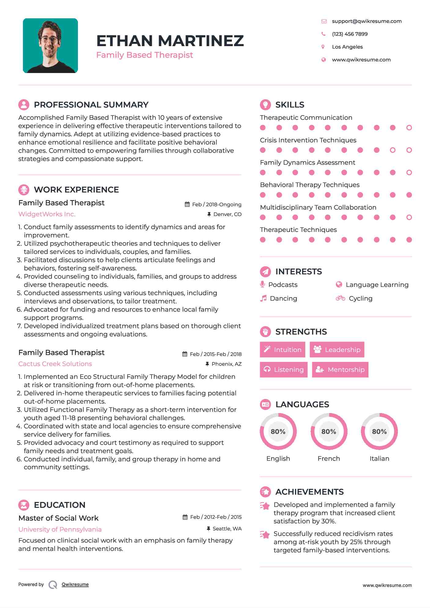 Family Based Therapist Resume Format