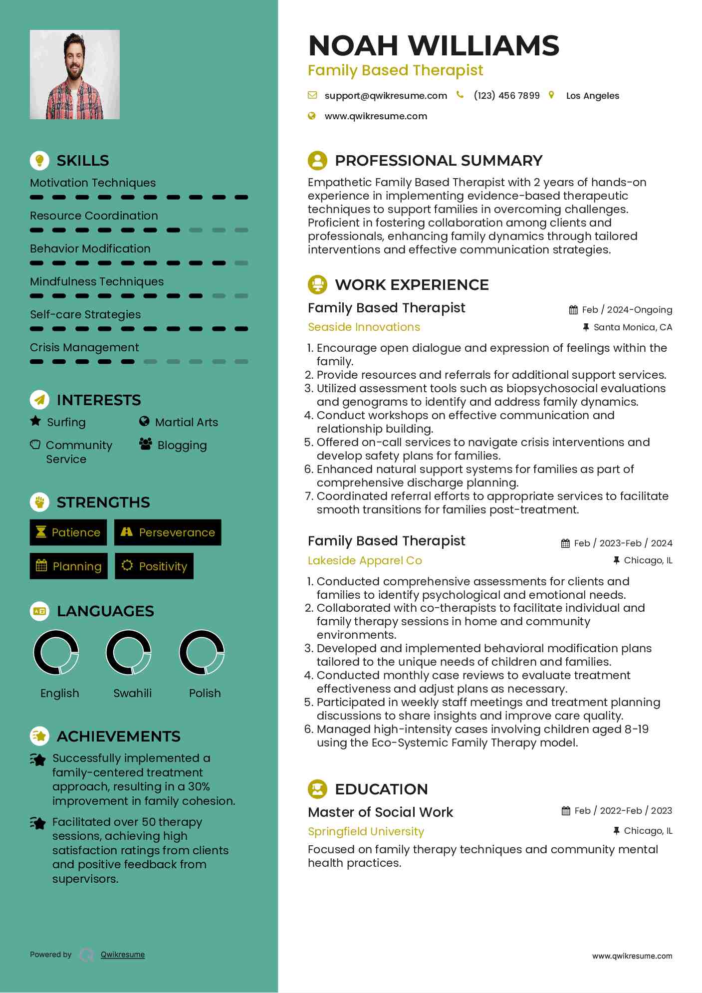 Family Based Therapist Resume Example