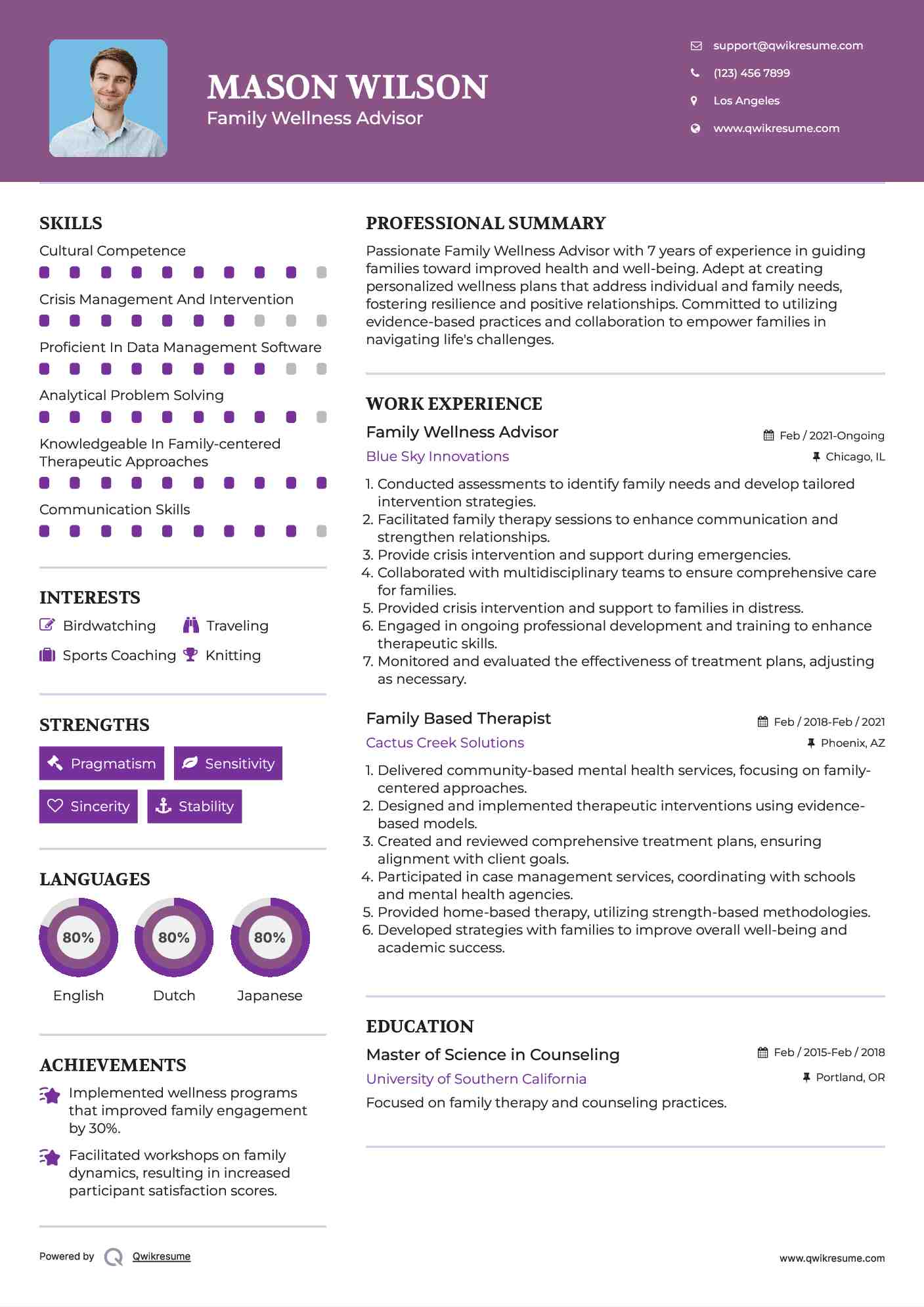 Family Wellness Advisor Resume Sample