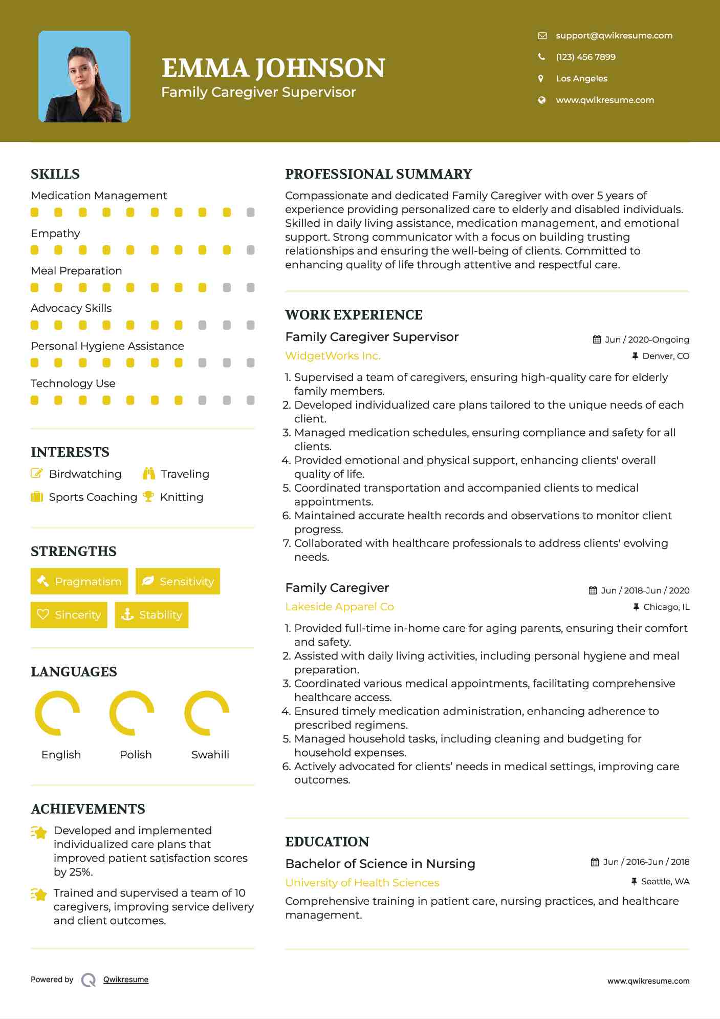 Family Caregiver Supervisor Resume Template
