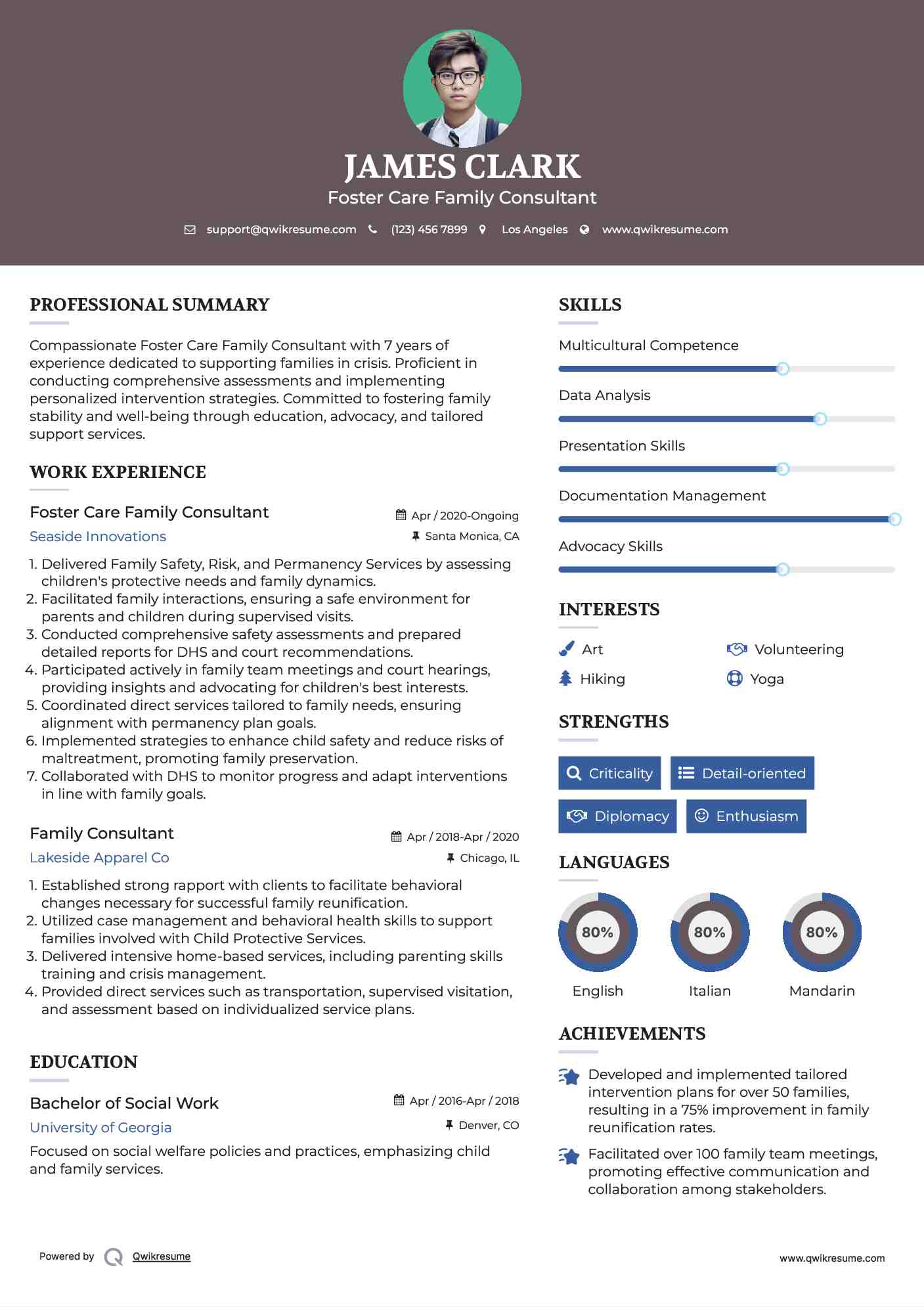 Foster Care Family Consultant Resume Example