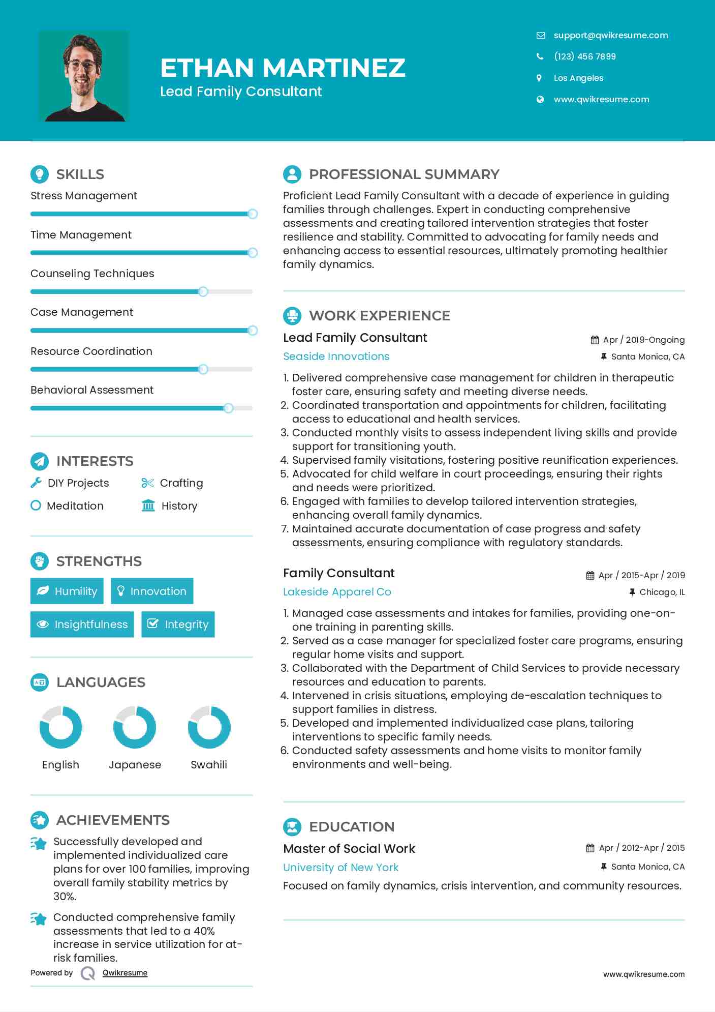 Lead Family Consultant Resume Format