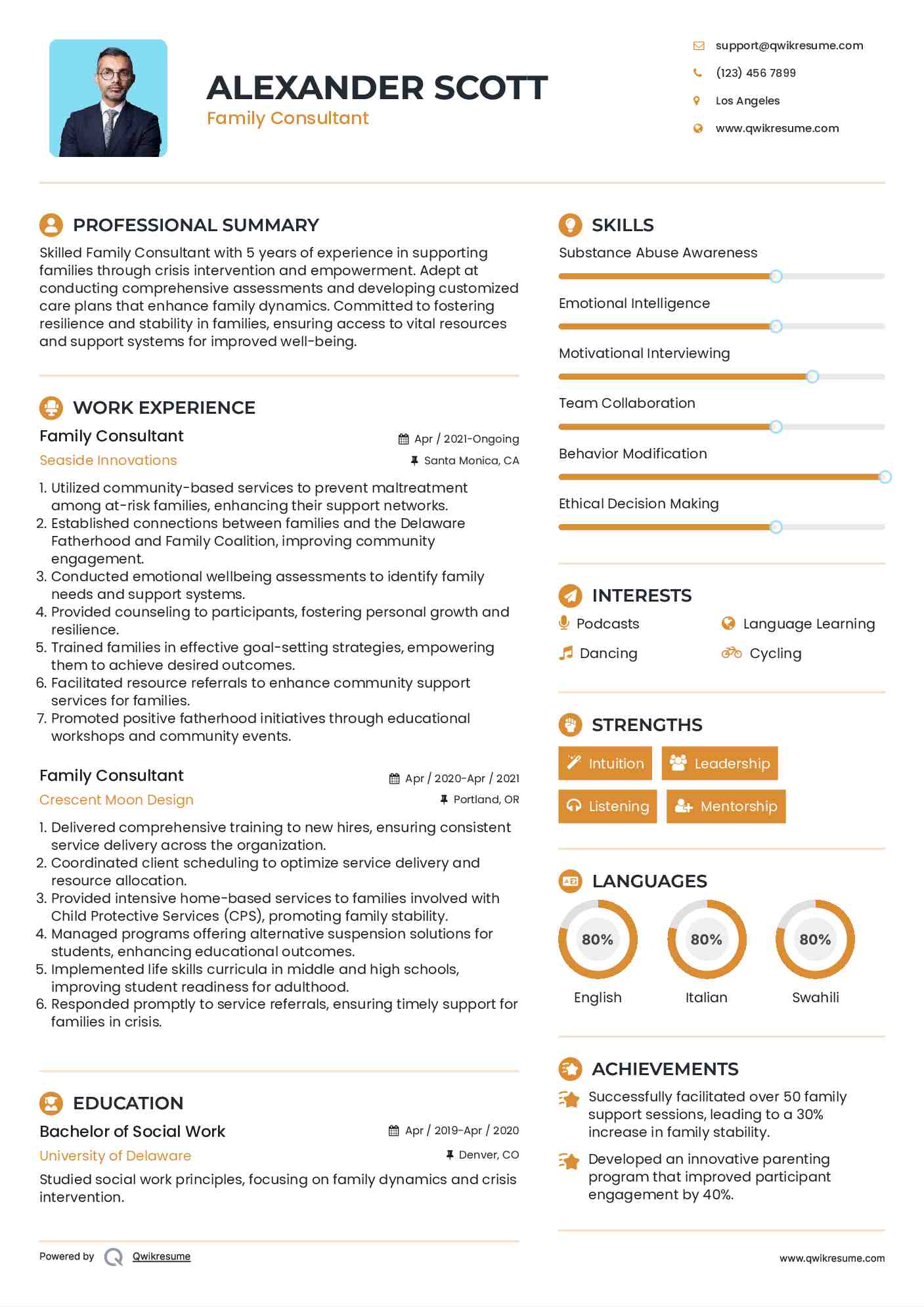 Family Consultant Resume Sample