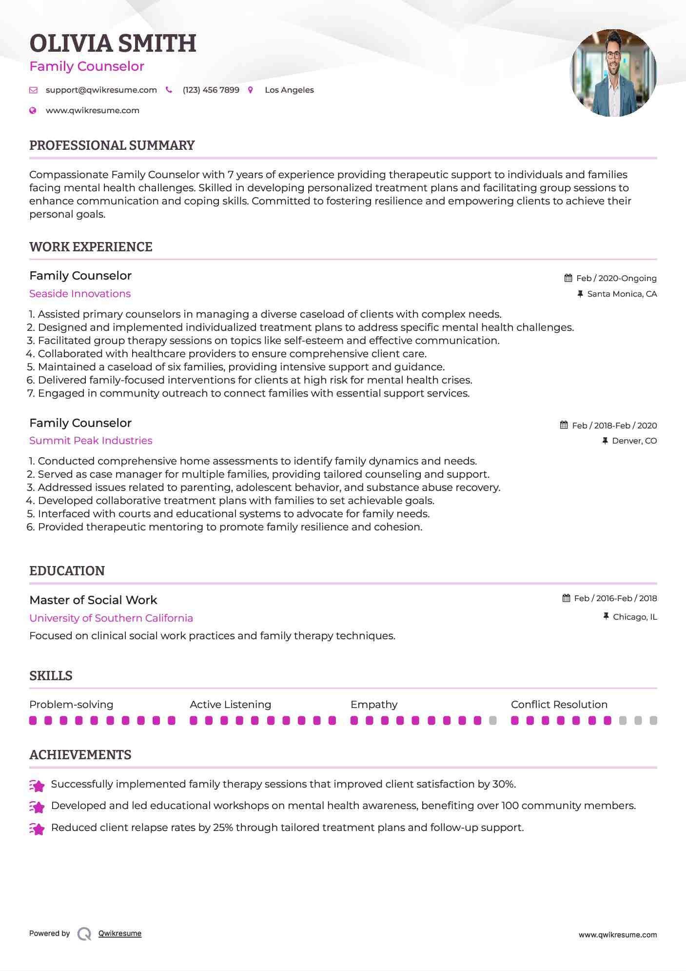 Family Counselor Resume Sample