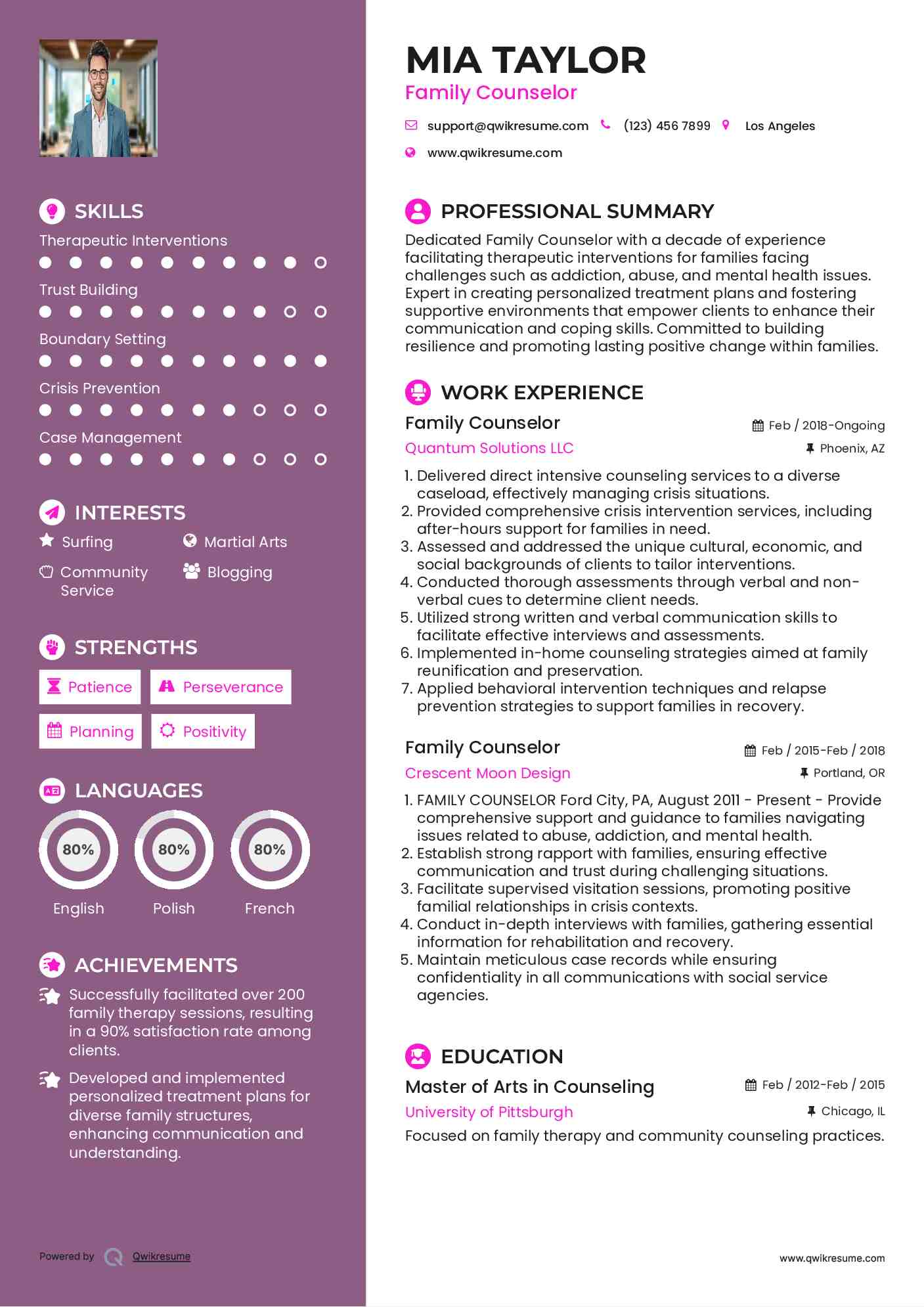 Family Counselor Resume Example