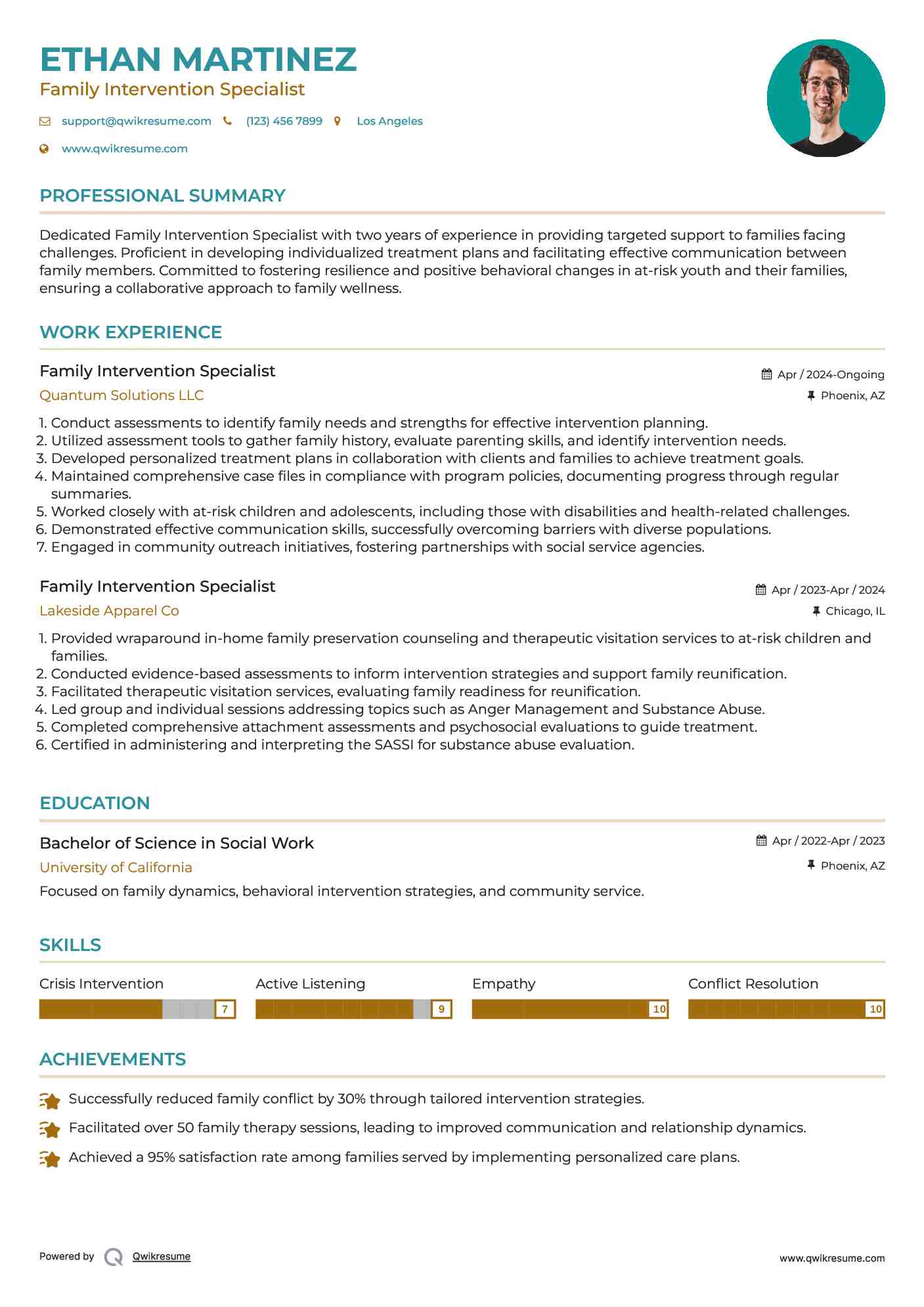 Family Intervention Specialist Resume Model
