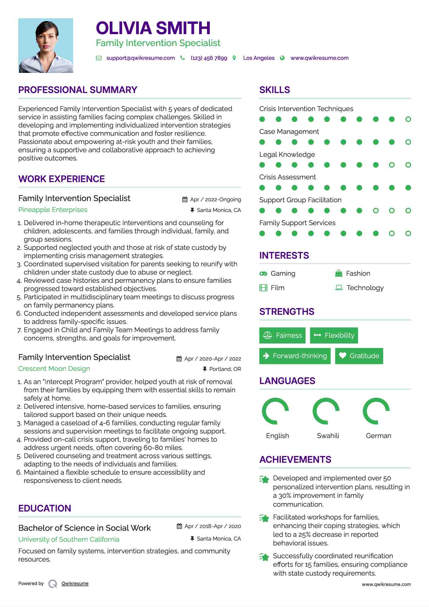 Family Intervention Specialist Resume Example