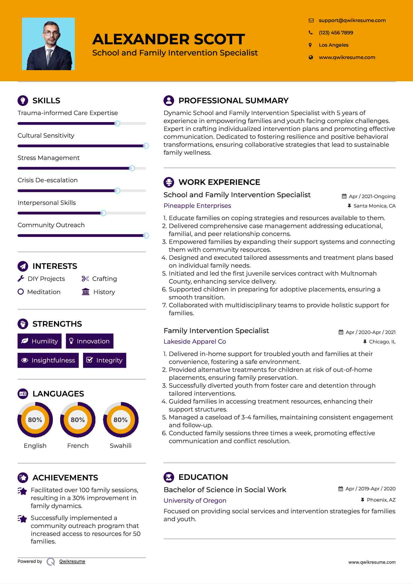 School and Family Intervention Specialist Resume Example