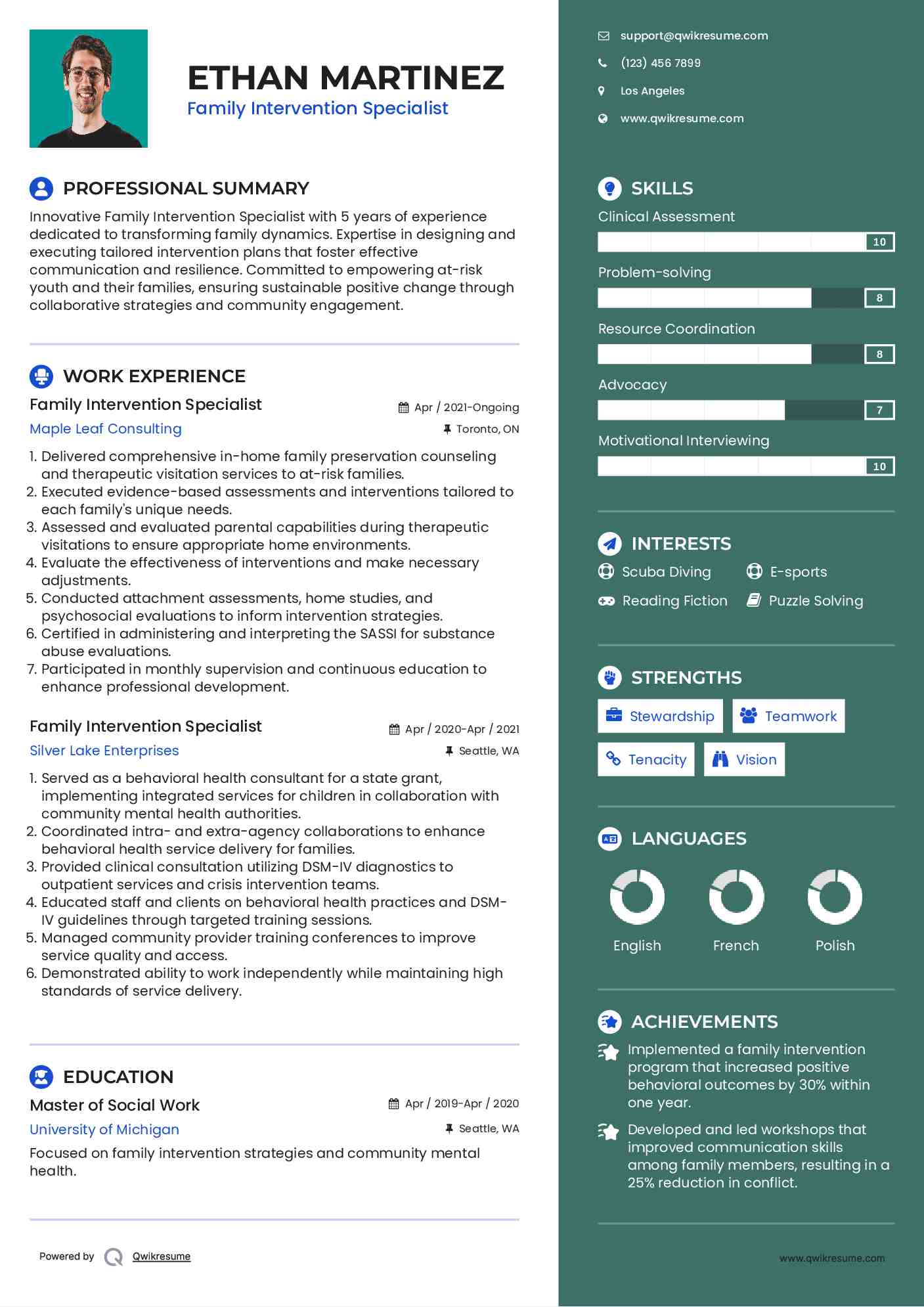 Family Intervention Specialist Resume Example