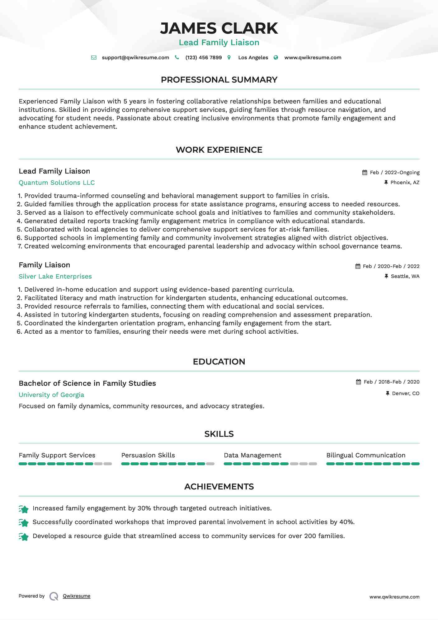 Lead Family Liaison Resume Template