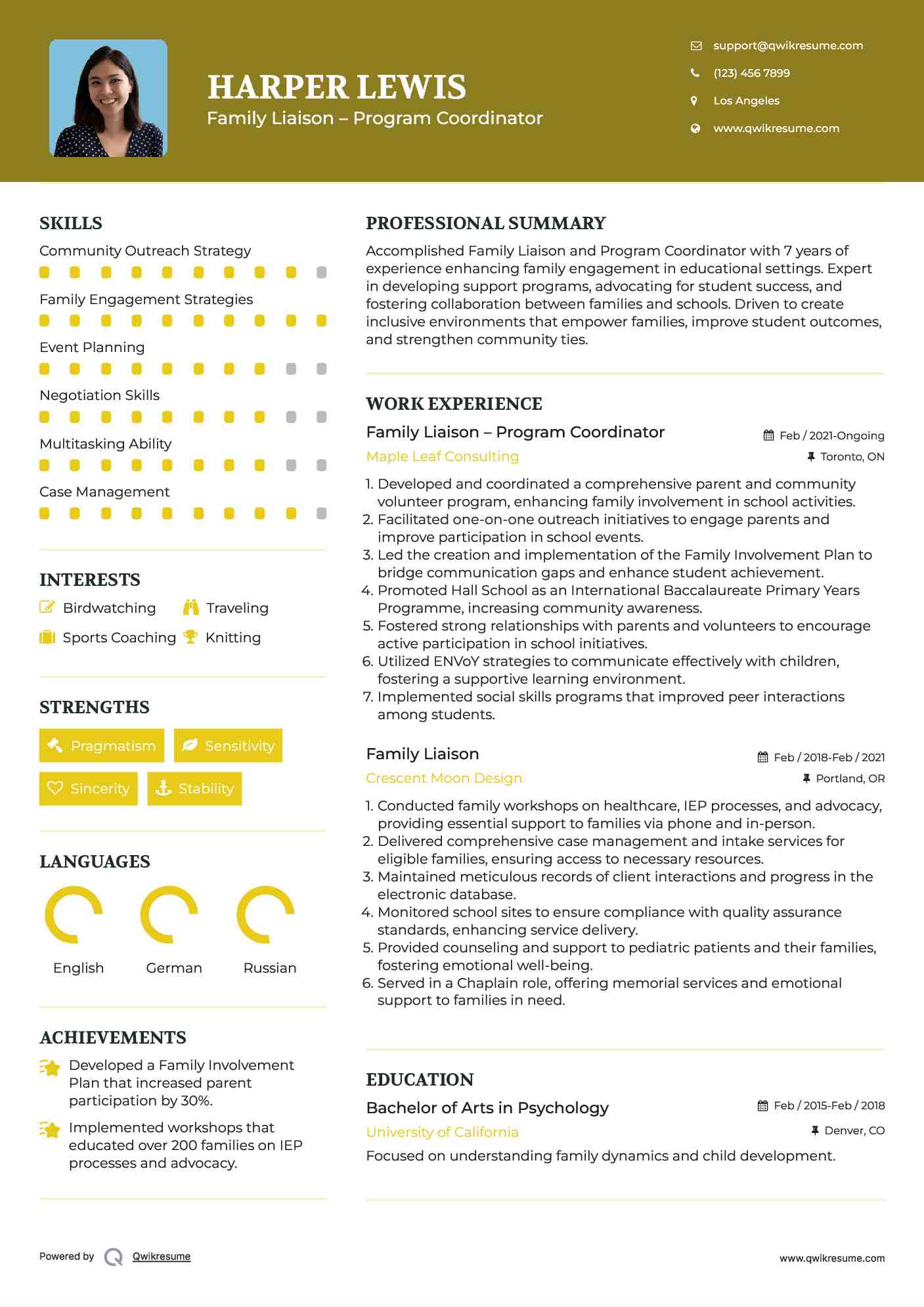 Family Liaison – Program Coordinator Resume Format