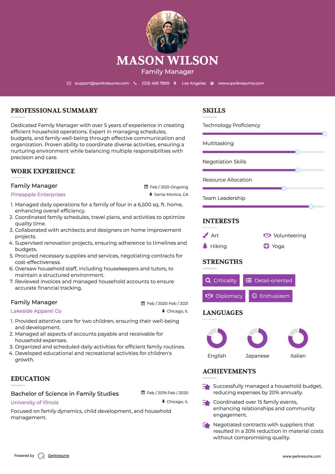 Family Manager Resume Sample