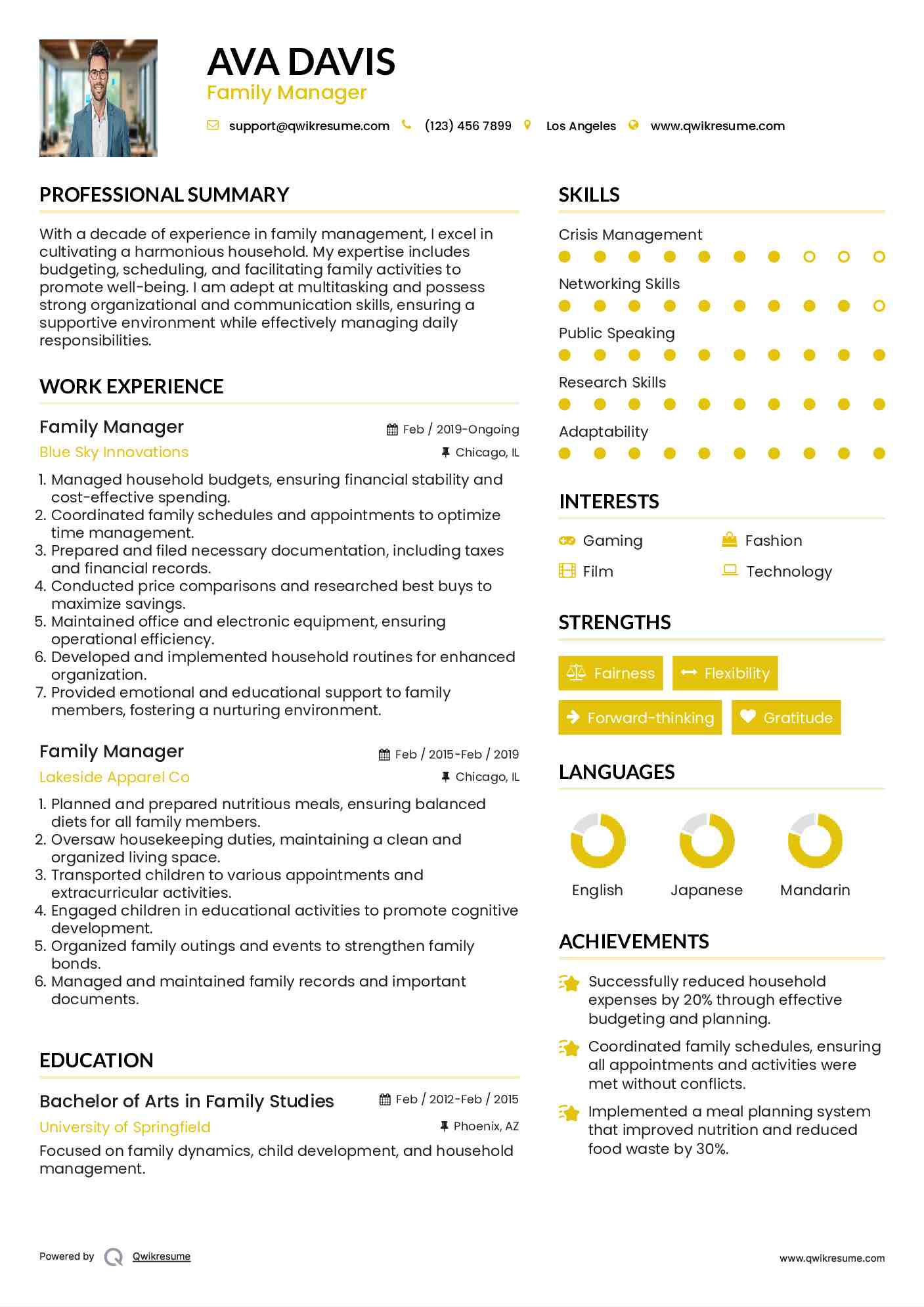 Family Manager Resume Model