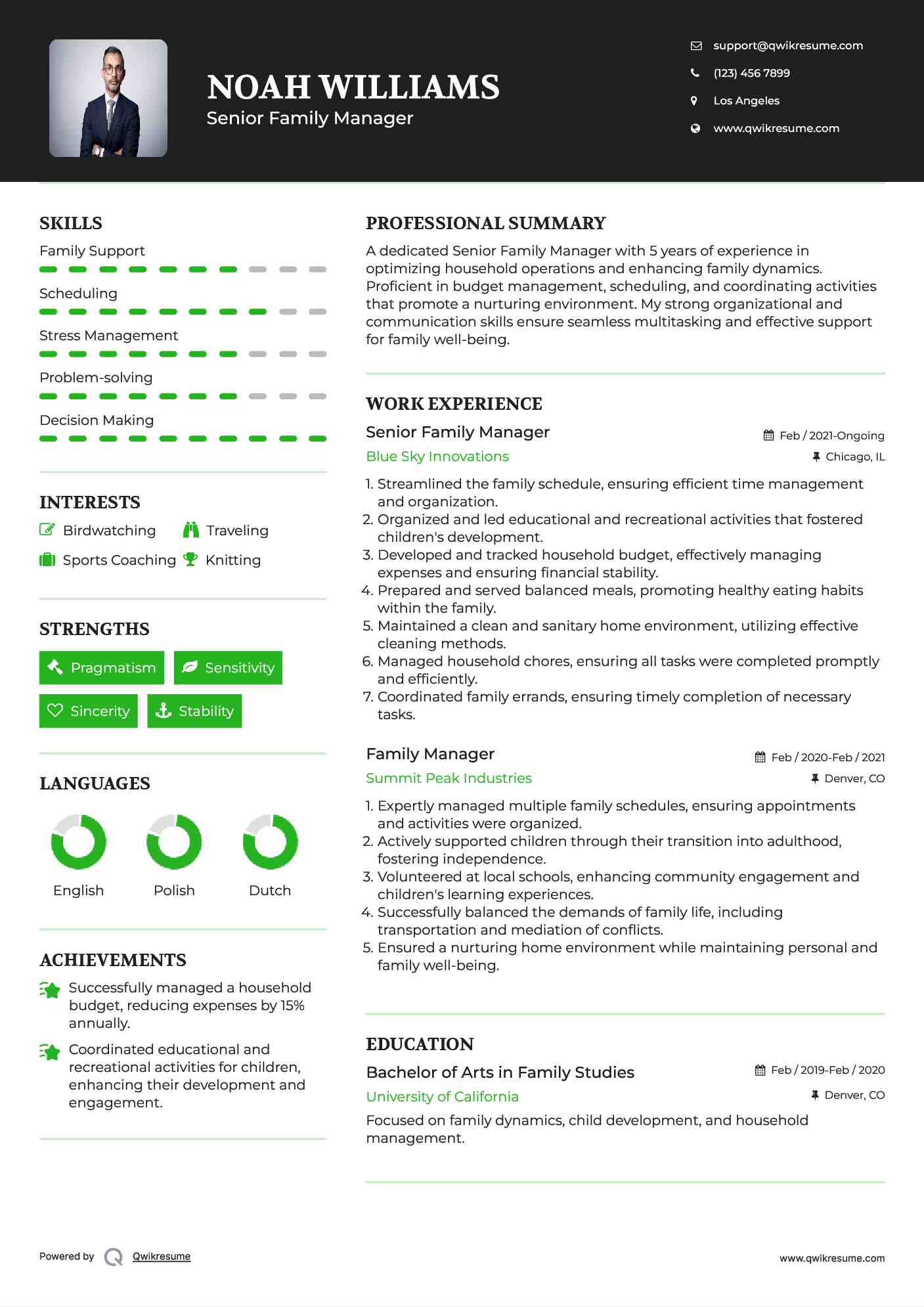 Senior Family Manager Resume Format