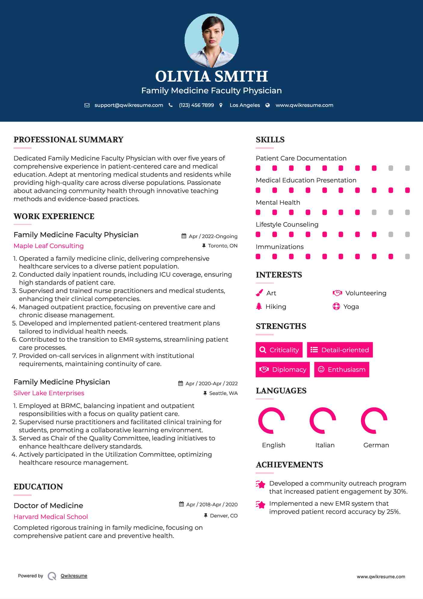 Family Medicine Faculty Physician Resume Example