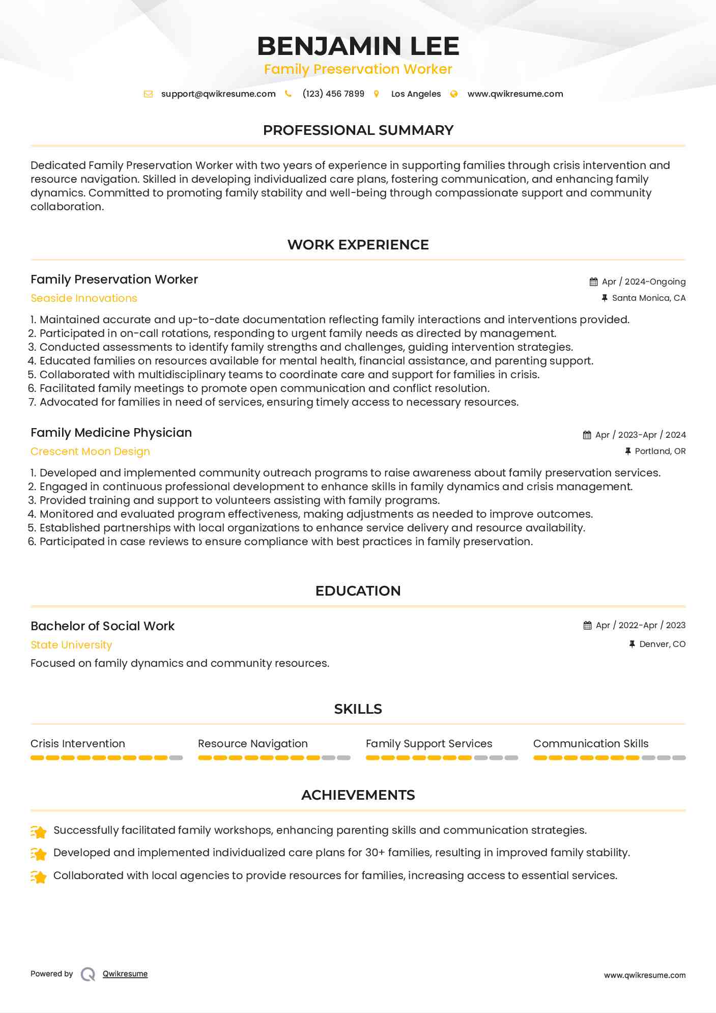Family Preservation Worker Resume Sample