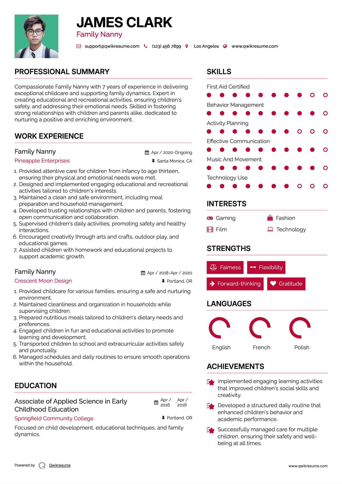 Family Nanny Resume Model