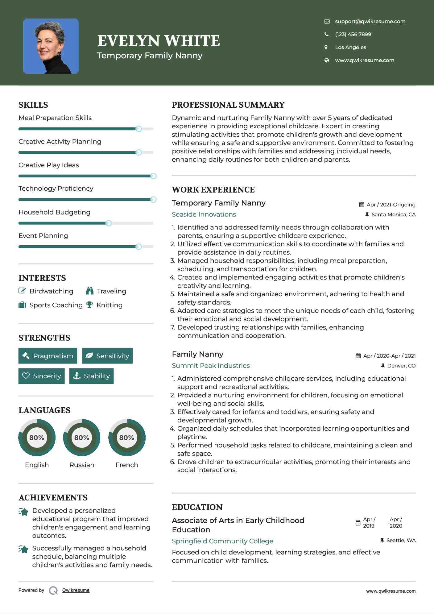 Temporary Family Nanny Resume Model