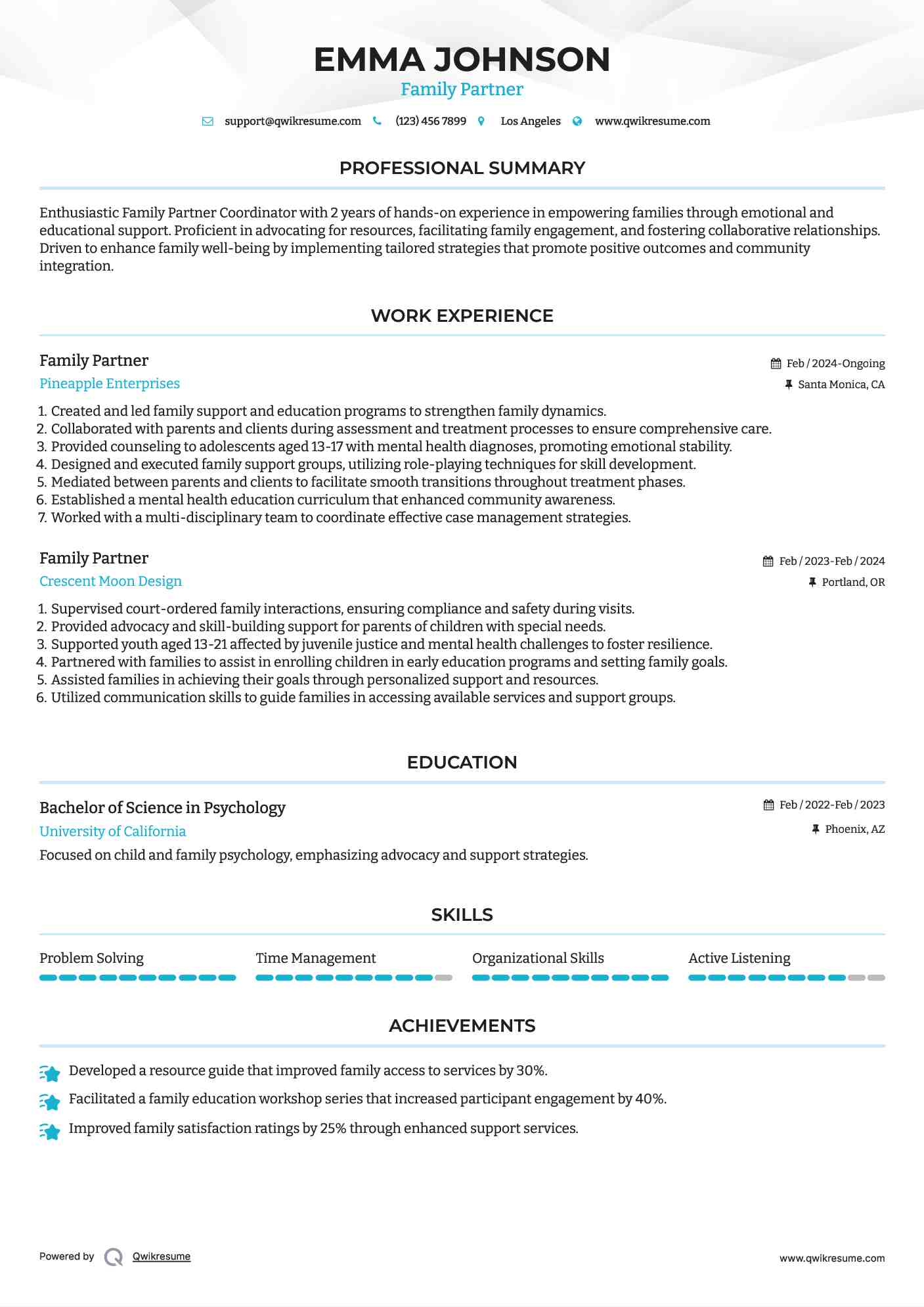 Family Partner Resume Sample