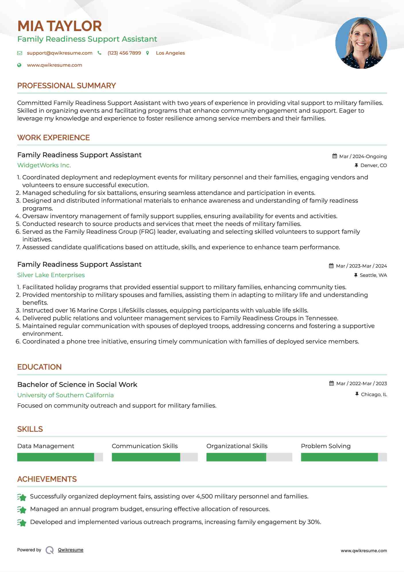 Family Readiness Support Assistant Resume Template